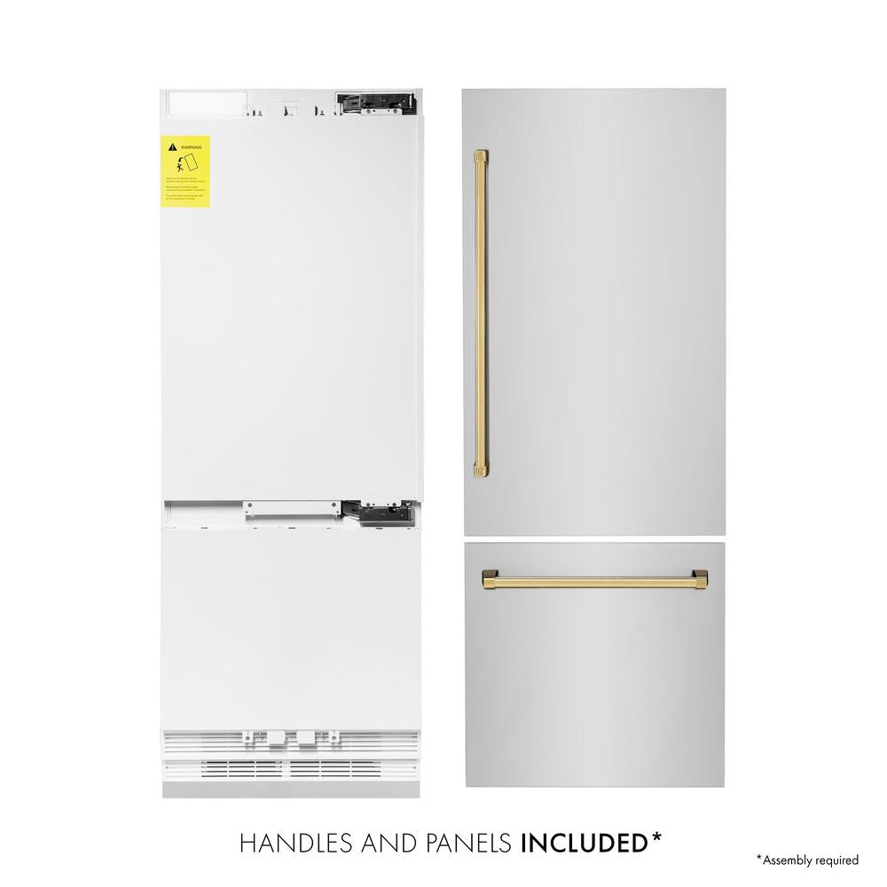 ZLINE Autograph Edition 30-inch 16.1 cu. ft. Built-In Bottom Freezer Refrigerator with Water Dispenser & Ice Maker - Stainless Steel with Polished Gold Accents (RBIVZ 304 30 G) - Perfect for Modern Kitchens & Luxury Homes