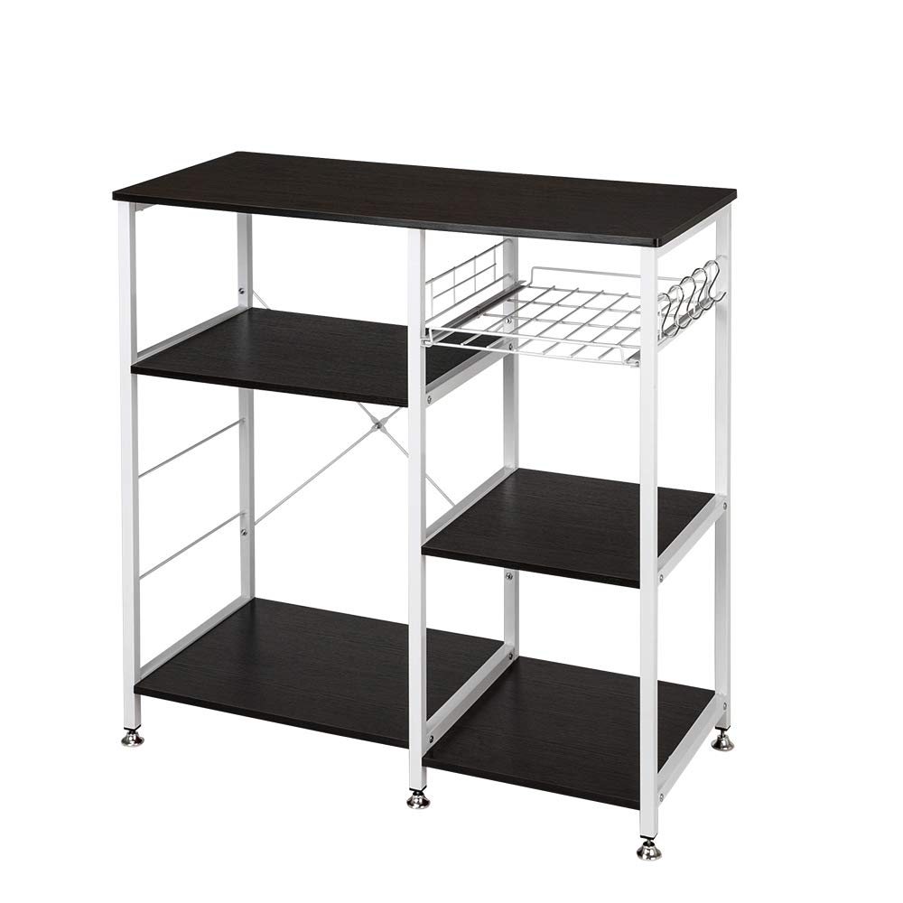 VINGLI 35.5 Inch Industrial Microwave Stand with 3-Tier + 4-Tier Storage Shelf - White Metal Frame Kitchen Organizer with 5 S-Hooks (Dark Brown) - Perfect for Small Kitchens, Baker's Rack, Pantry Storage & Countertop Organization