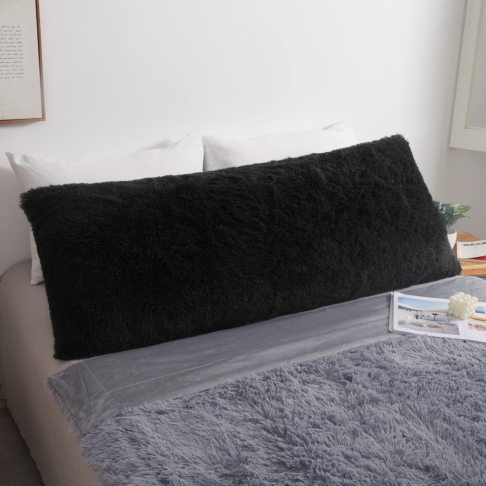 Luxury Fluffy Body Pillow Cover 20x54 Inches - Soft Shaggy Faux Fur Pillow Case with Zipper Closure, Black Plush Hug Pillow for Bed, Couch & Dorm - Cozy Decorative Furry Bedroom Pillow for Adults & Teens