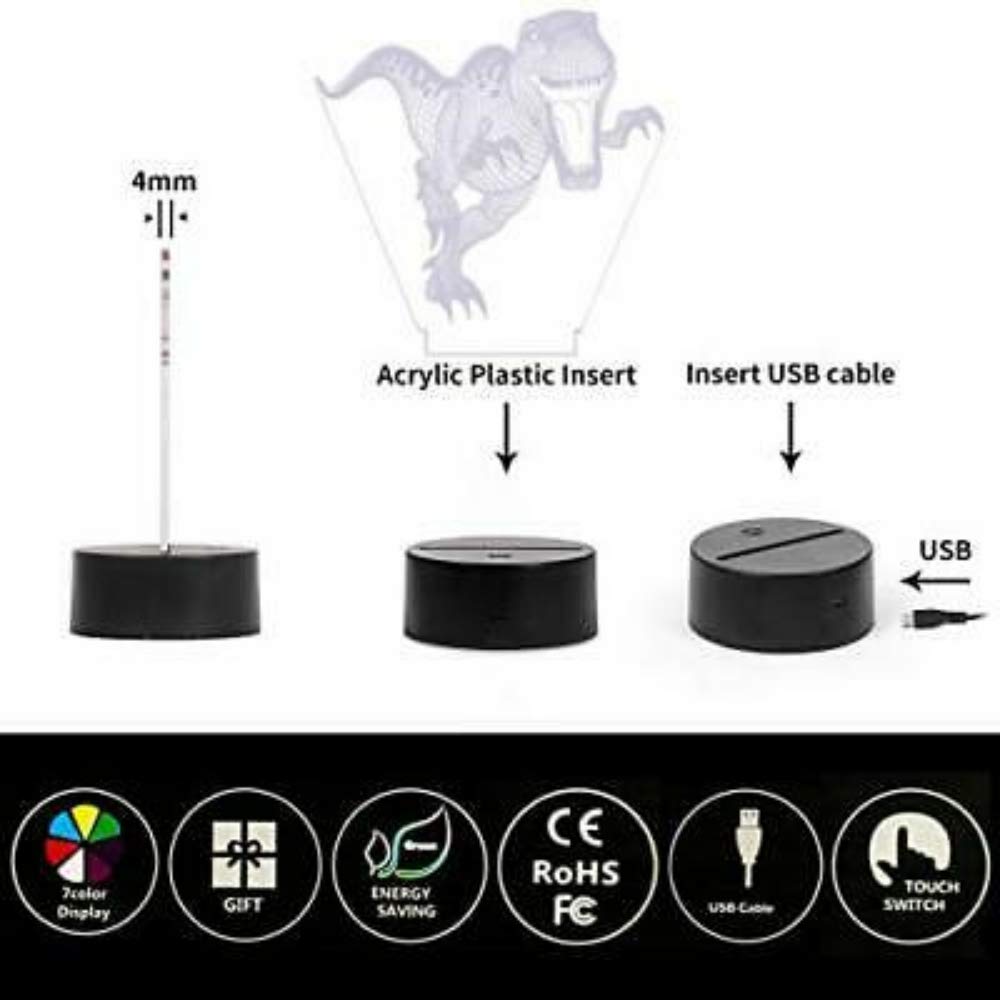 Dinosaur 3D Night Light for Kids - Touch Control LED Desk Lamp with 7 Color Changing Modes & USB Power, Perfect for Bedroom, Nursery, Study Room | T-Rex Illusion Lamp | Great Birthday & Christmas Gift for Boys & Girls