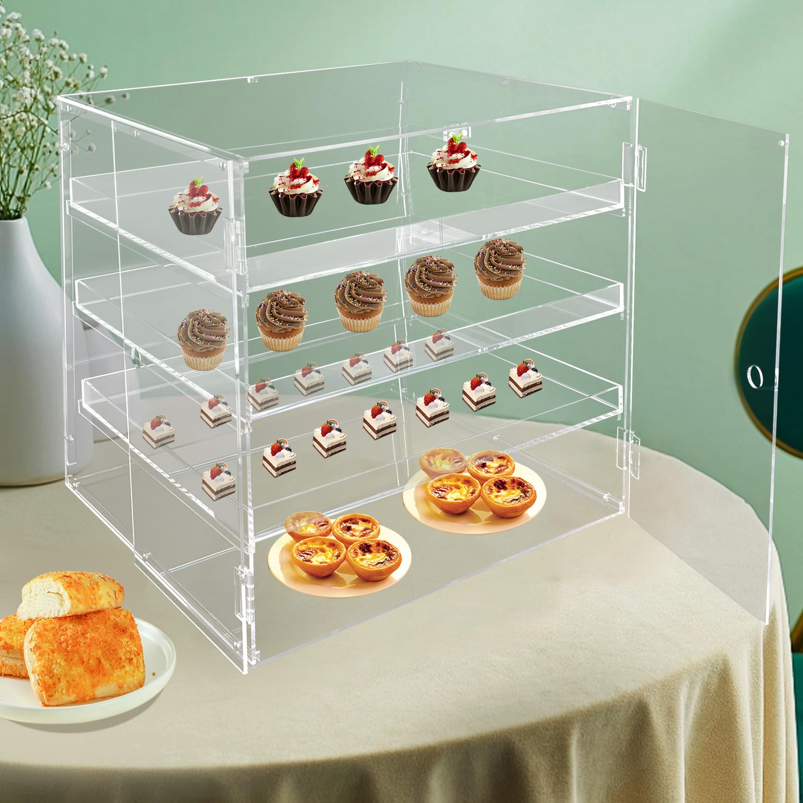 3-Tier Commercial Bakery Display Case with Rear Doors - 18.7x17.71x17.71in Acrylic Pastry Showcase for Countertop - Perfect for Bakeries, Cafes, and Dessert Shops