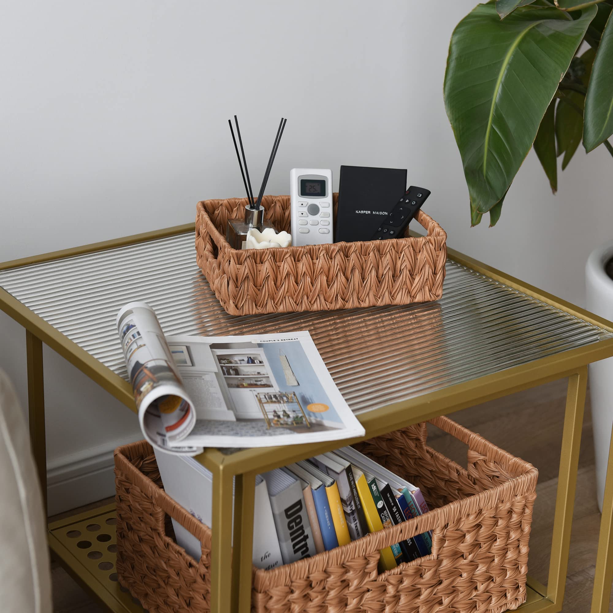 GRANNY SAYS Small Wicker Storage Basket Set of 2 - Waterproof Woven Organizing Baskets for Shelves, Kitchen, Bathroom | Perfect for Food, Tableware & Home Organization (Caramel Orange)