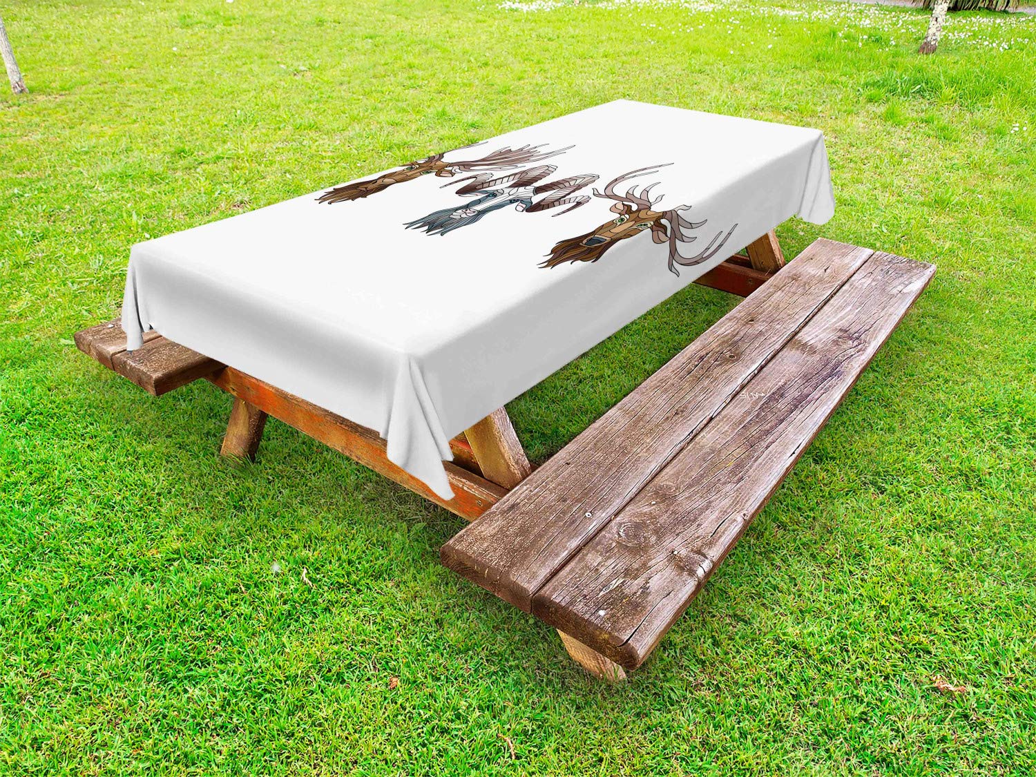 Lunarable Moose Outdoor Tablecloth - Stained Glass Wild Animal Heads Design (Deer, Elk, Ram) - Waterproof Washable Picnic Table Cover 58x120 Inches - White & Multicolor - Perfect for Camping, BBQs, and Outdoor Dining