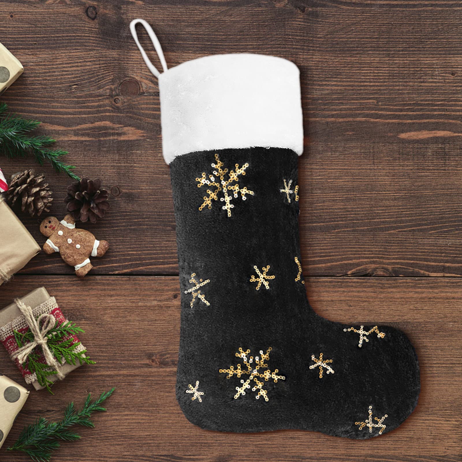 6 Pack Personalized Plush Christmas Stockings 22 Inches - Black Faux Fur Holiday Hanging Stockings with Gold Sequin Snowflakes Decor for Fireplace, Xmas Tree, Mantel & Home Decor (56cm) - Perfect for Family Gift Exchange & Cozy Winter Celebrations