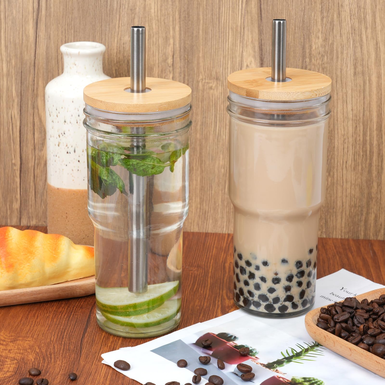 Moretoes 2-Pack 24oz Glass Tumbler Cups with Lids & Straws - Reusable Iced Coffee Travel Mug, Boba Tea Cup for Smoothies, Cold Brew, Juice & Soda - Perfect for Home, Office & Outdoor Activities