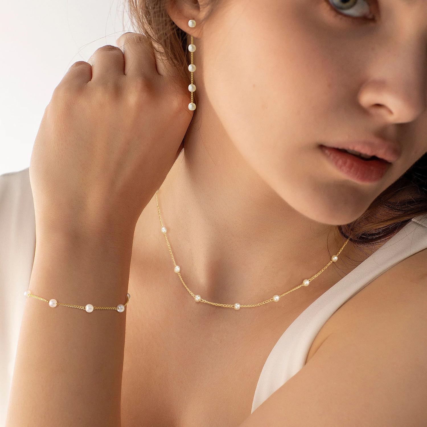 14K Gold Plated Pearl Necklace and Earring Set for Women - Elegant Wedding Jewelry Gift with Drop Earrings, Bracelet & Choker | Perfect for Bridal, Anniversary, Valentine's Day & Special Occasions