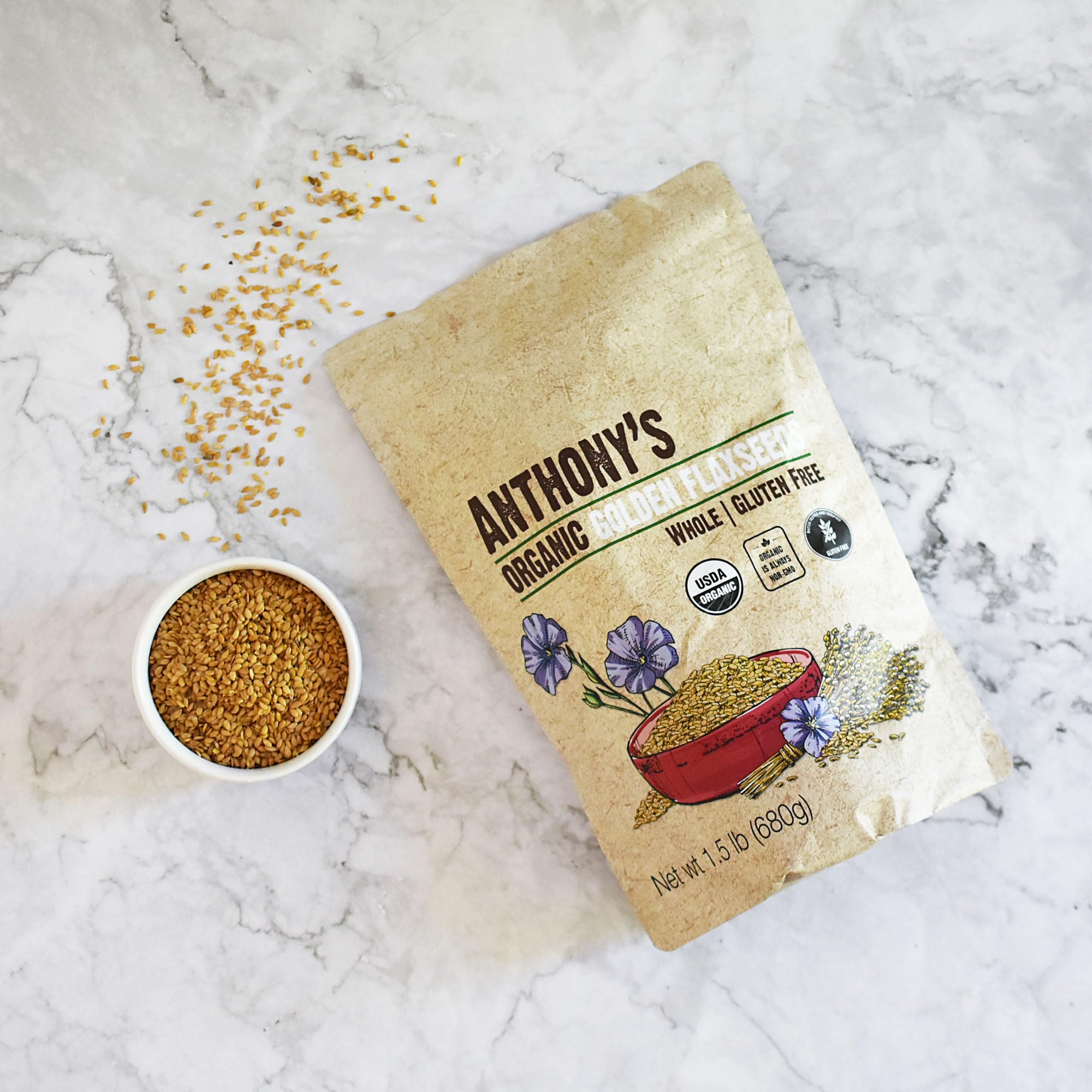 Anthony's Organic Whole Golden Flaxseeds, 1.5 lb - Gluten Free, Non-GMO, Vegan - Perfect for Smoothies, Baking, and Healthy Snacks