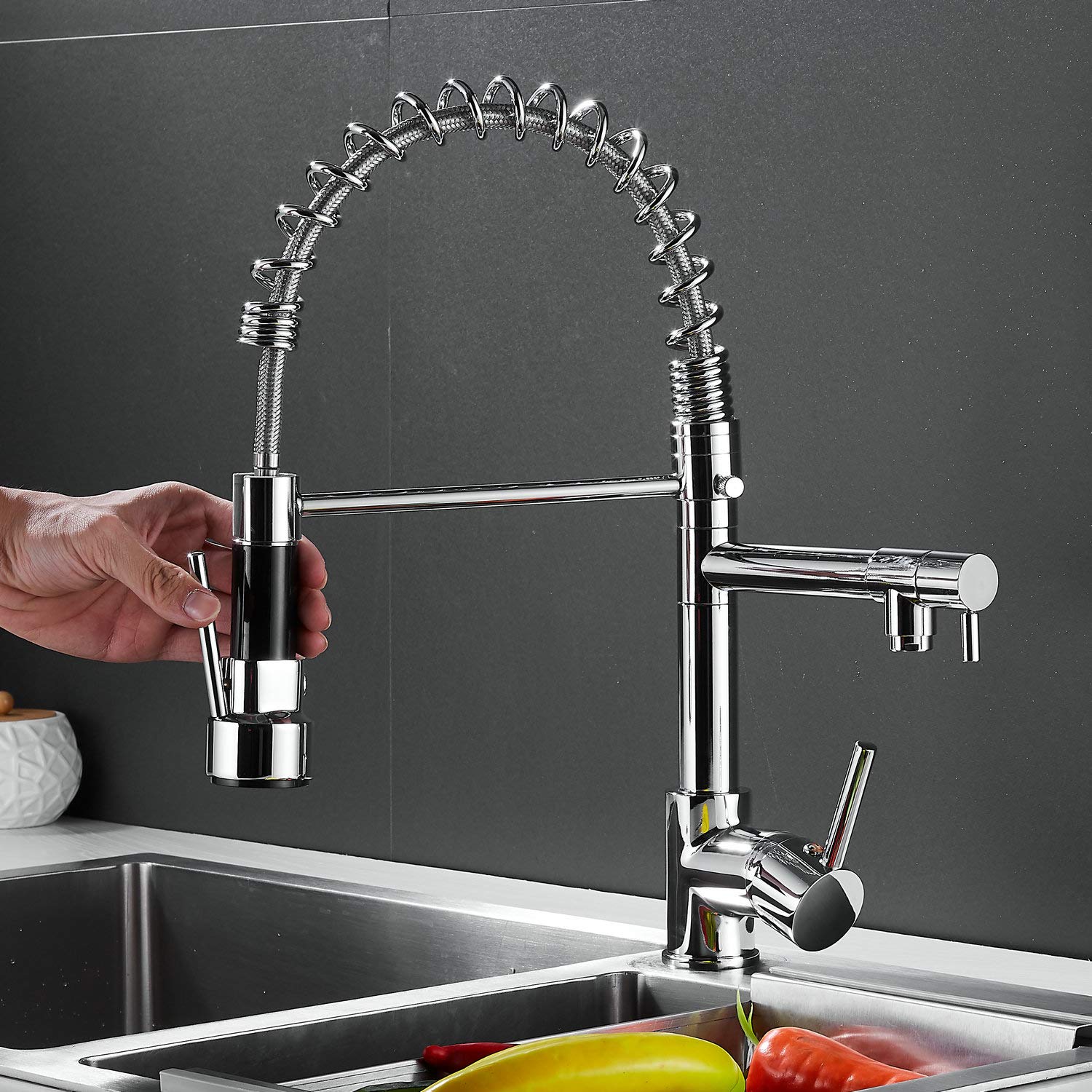 Commercial Pull Down Sprayer Kitchen Faucet - Polished Chrome Finish with Deck Plate | Heavy Duty Bar Sink Faucet for Restaurant, Cafe & Home Kitchen Use