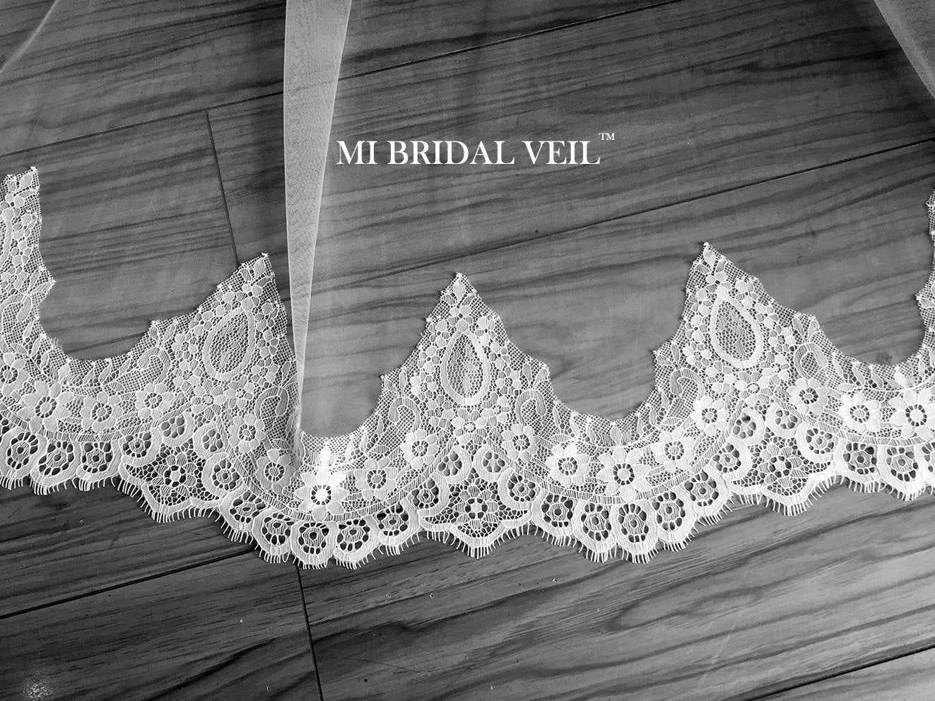 Elegant Chapel Length Lace Wedding Veil with Hip Detail - Perfect for Bridal Ceremonies & Romantic Photos