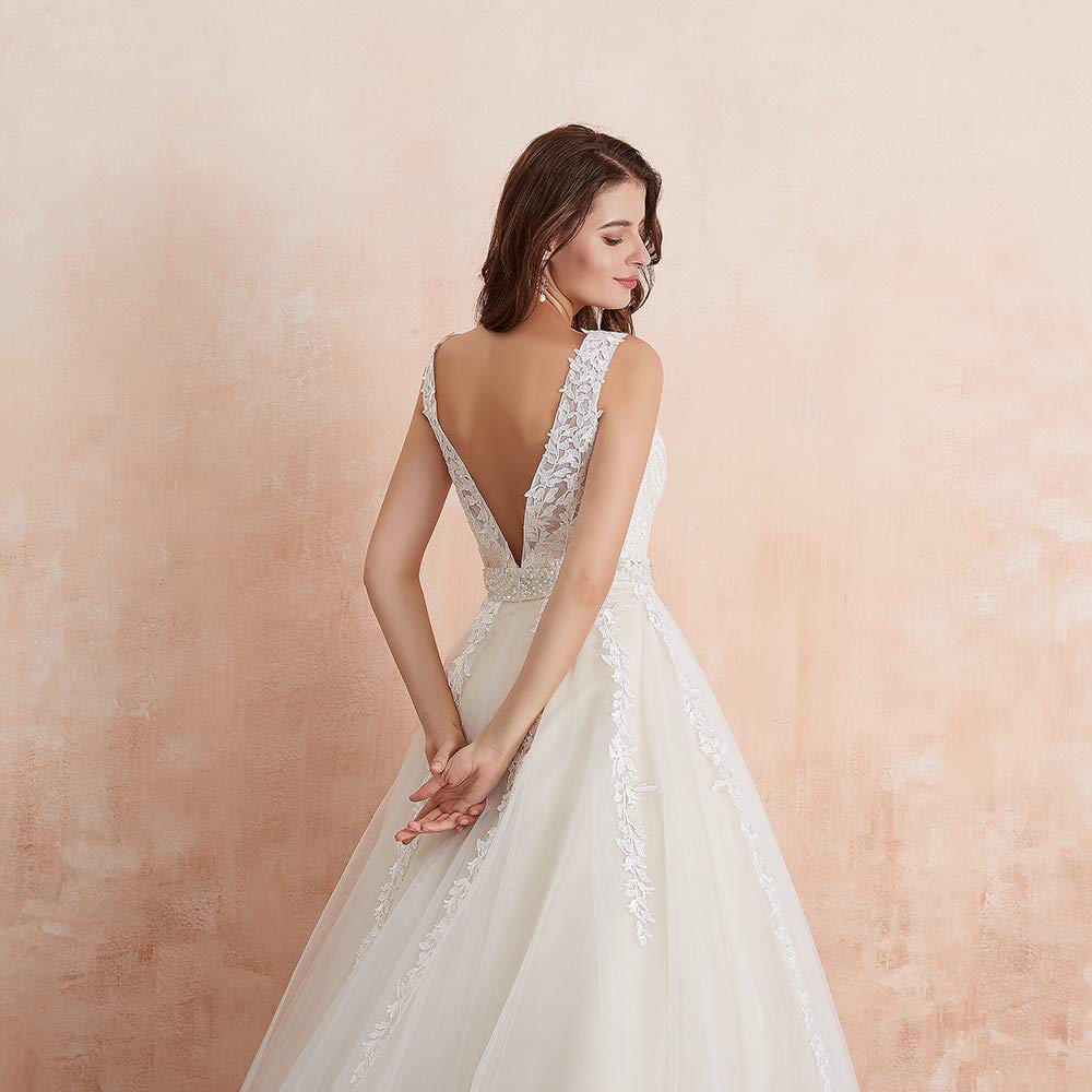 Elegant Lace Applique V-Neck Wedding Dress for Bride – Straps Ball Gown Evening Dress | Perfect for Church Ceremony, Beach Wedding & Formal Reception