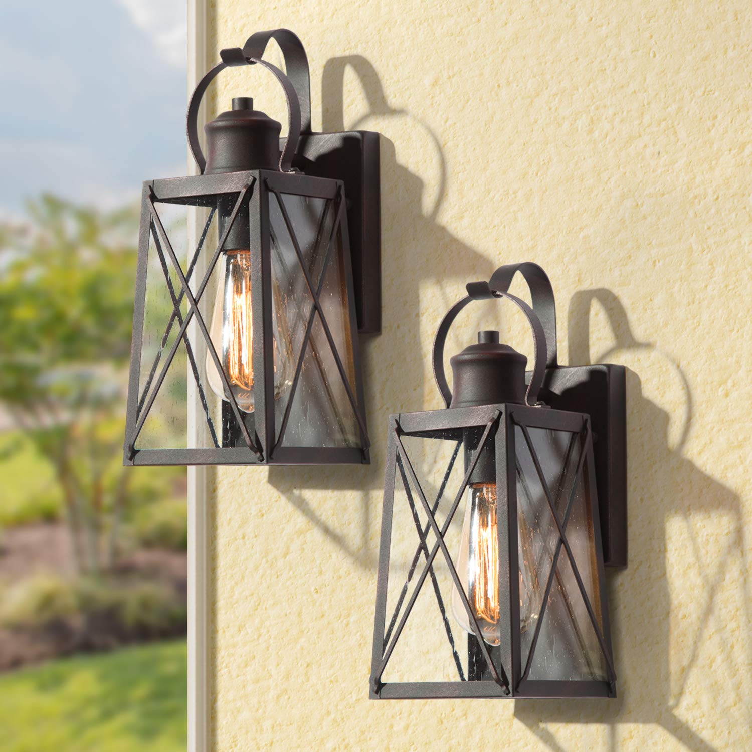 LALUZ 2-Pack Outdoor Wall Lanterns - 60W Max Farmhouse Exterior Sconces, Rustic Bronze Porch Lights with Seeded Glass - Perfect for Porch, Foyer, Patio, Garden & Entryway Lighting