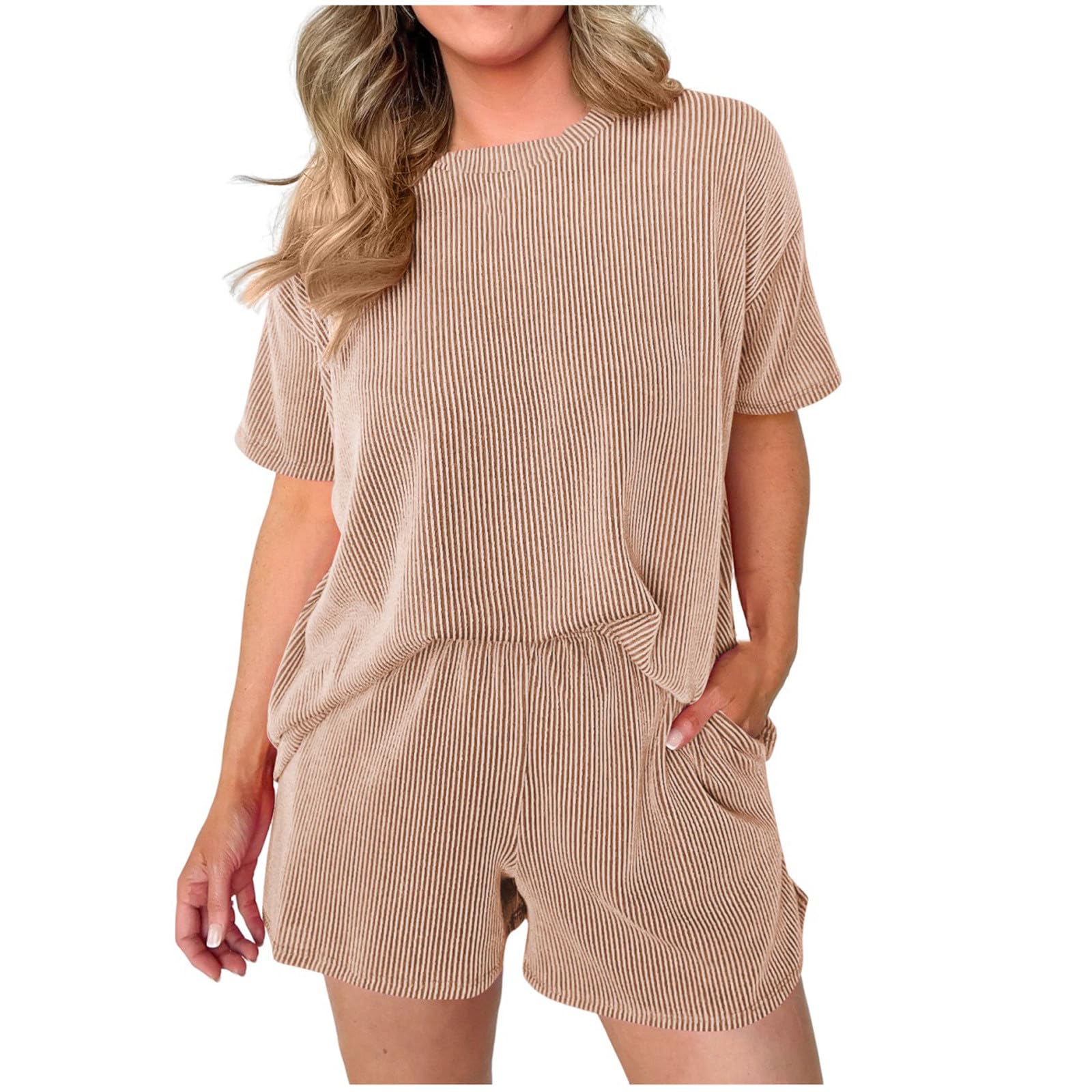 Women's 2-Piece Travel Outfits - Solid Color Crew Neck T-Shirt & Striped Print Shorts Set | Casual Summer Vacation, Beach, Road Trip Outfits