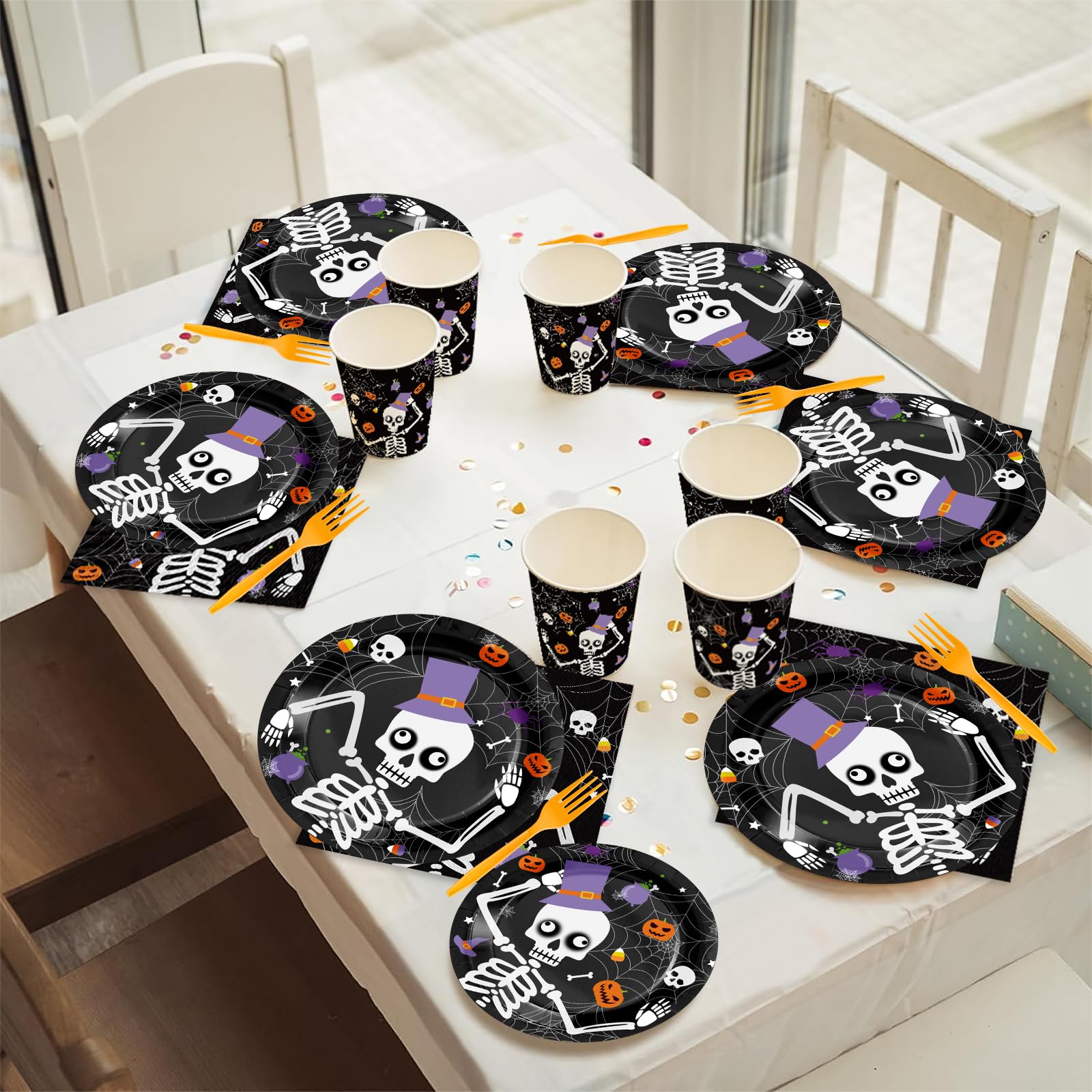 120-Piece Halloween Party Supplies Set - Skeleton Themed Disposable Tableware (Plates, Napkins, Cups & Forks) for 24 Guests - Perfect for Halloween Theme Parties, Trick-or-Treat Events & Spooky Decorations