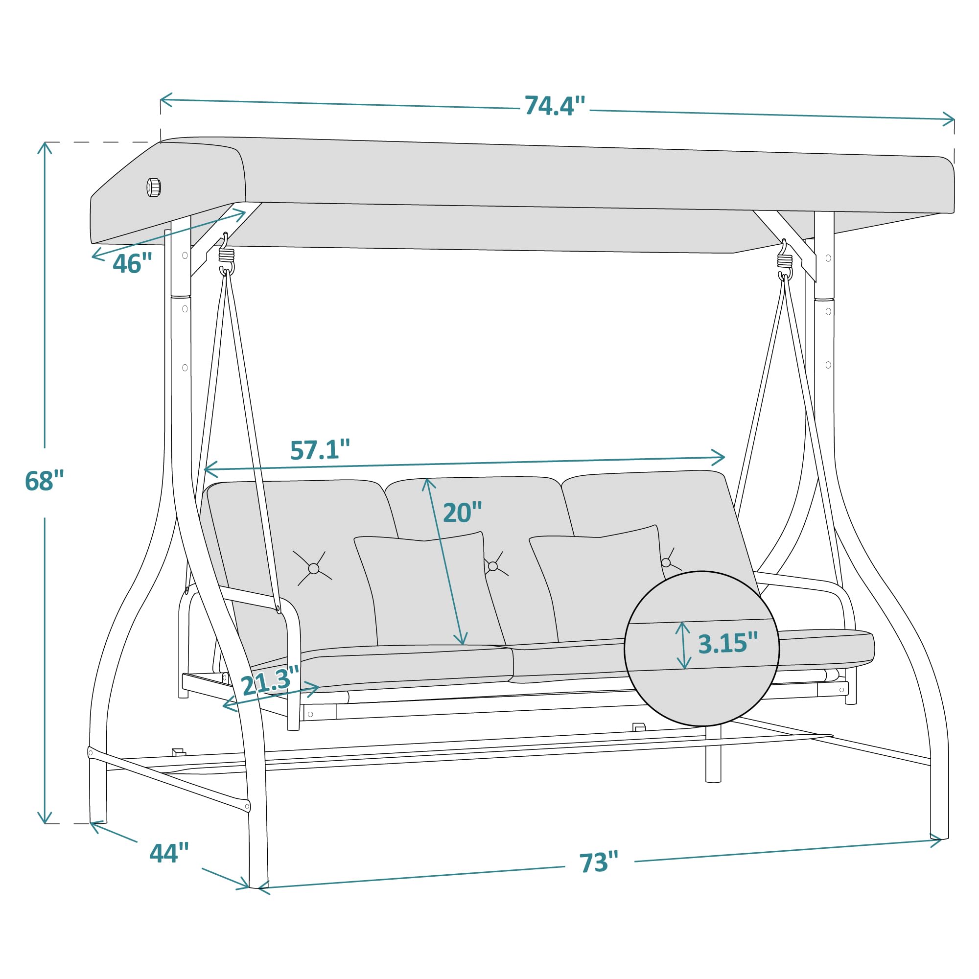MCombo 3-Seat Outdoor Patio Swing Chair with Adjustable Backrest & Canopy - Porch Swing Glider with Cushions & Pillows - 4068 (Burgundy) - Perfect for Garden, Backyard, Deck or Balcony Relaxation