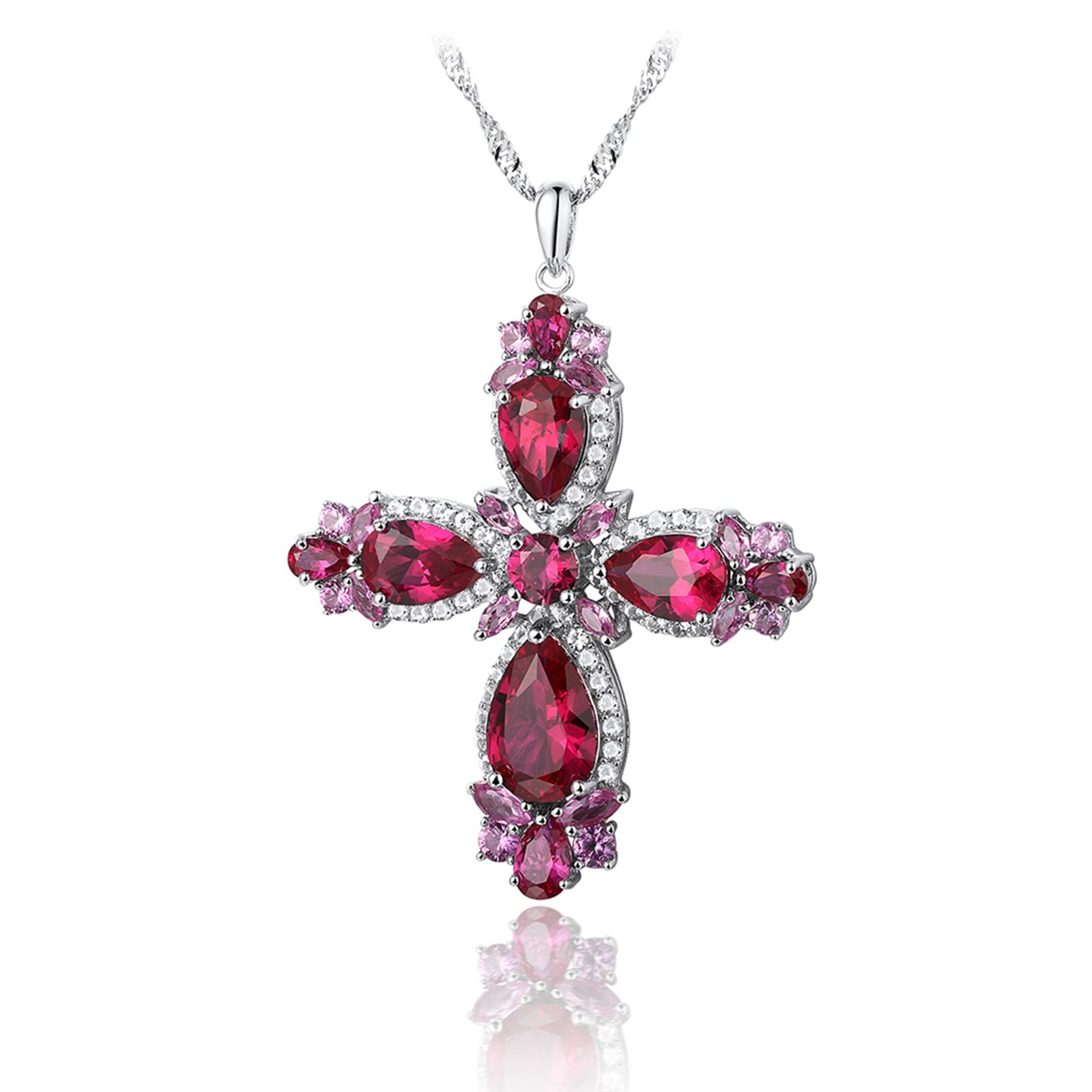925 Sterling Silver Created Ruby Cross Pendant Necklace with 18+2
