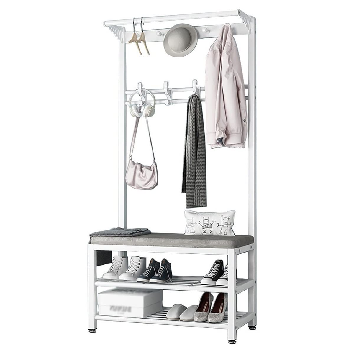 Industrial Entryway Hall Tree Coat Rack with Upholstered Bench & Storage Shelf - 9/10 Hooks, Metal Frame, Easy Assembly (100cm, Color A) - Perfect for Small Spaces, Mudroom Organization & Stylish Home Decor