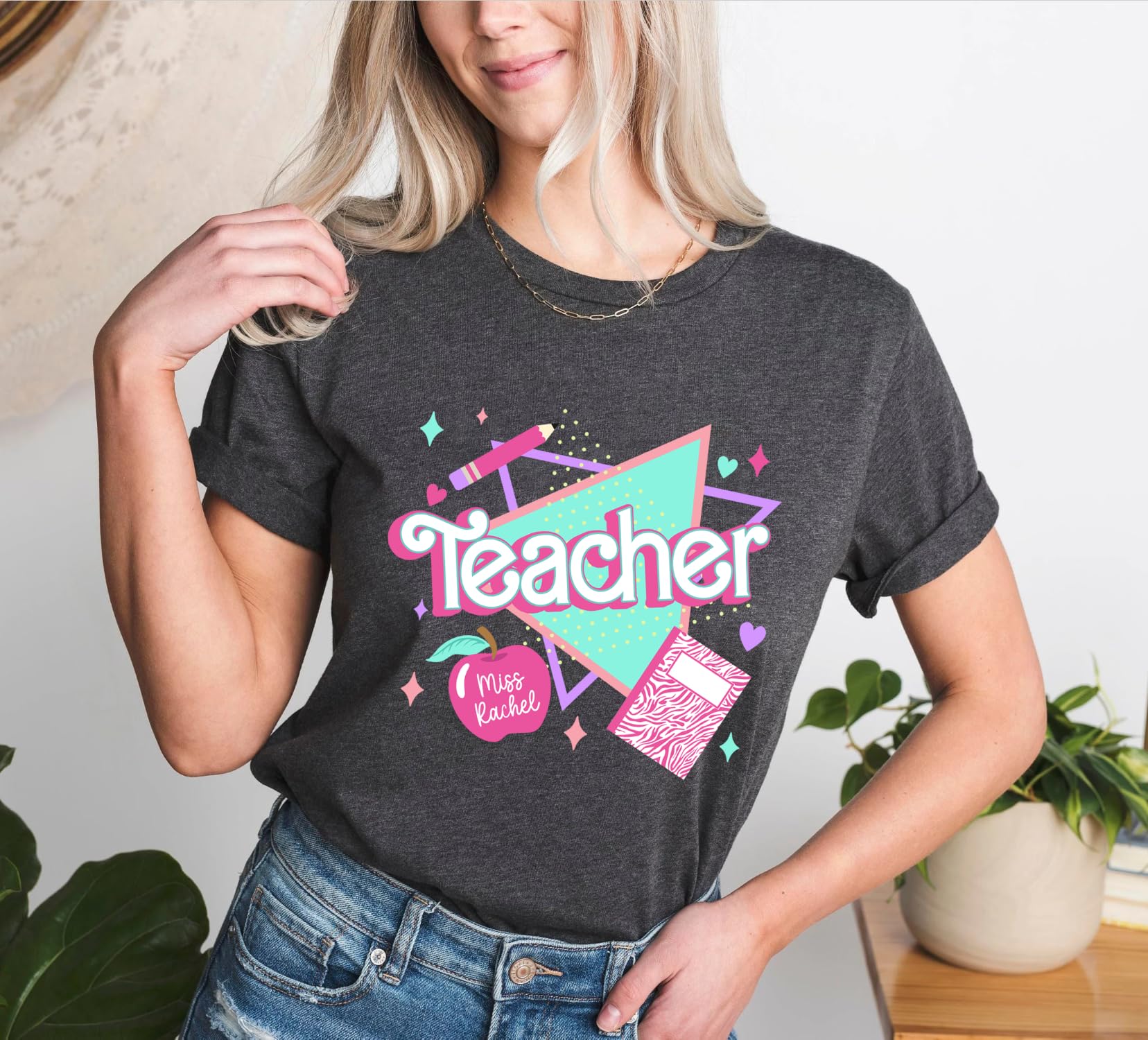 Custom Personalized Teacher T-Shirt - 80s 90s Retro Pink Back to School Shirt with Name & Grade | Great for Teacher Appreciation Week, Classroom Gifts & School Events