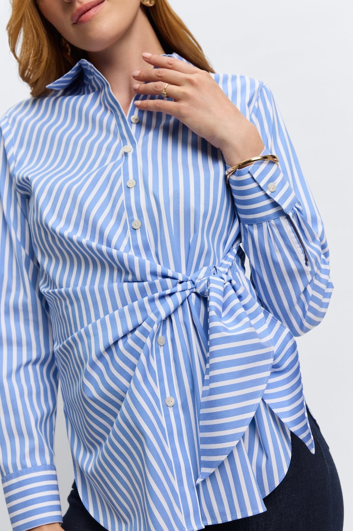 Sabine No Iron Stretch Stripe Tie Long Sleeve Shirt for Women - Wrinkle-Free Office Wear & Business Casual Outfits