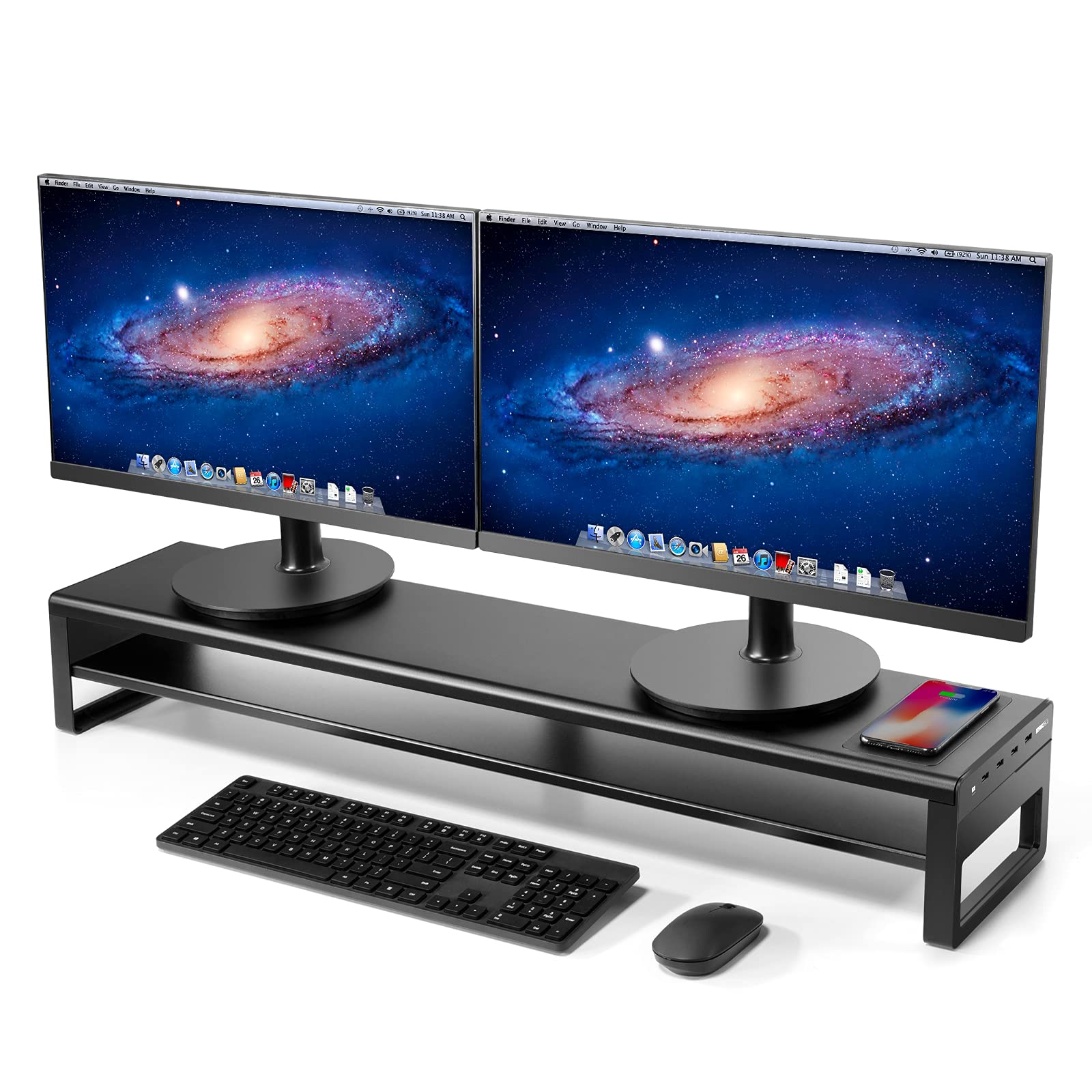 Vaydeer 2-Tier Dual Monitor Stand with Wireless Charging & USB 3.0 Hub - Aluminum Monitor Riser for PC, Laptop, TV - Space Saving Desk Organizer for Home & Office Workspace