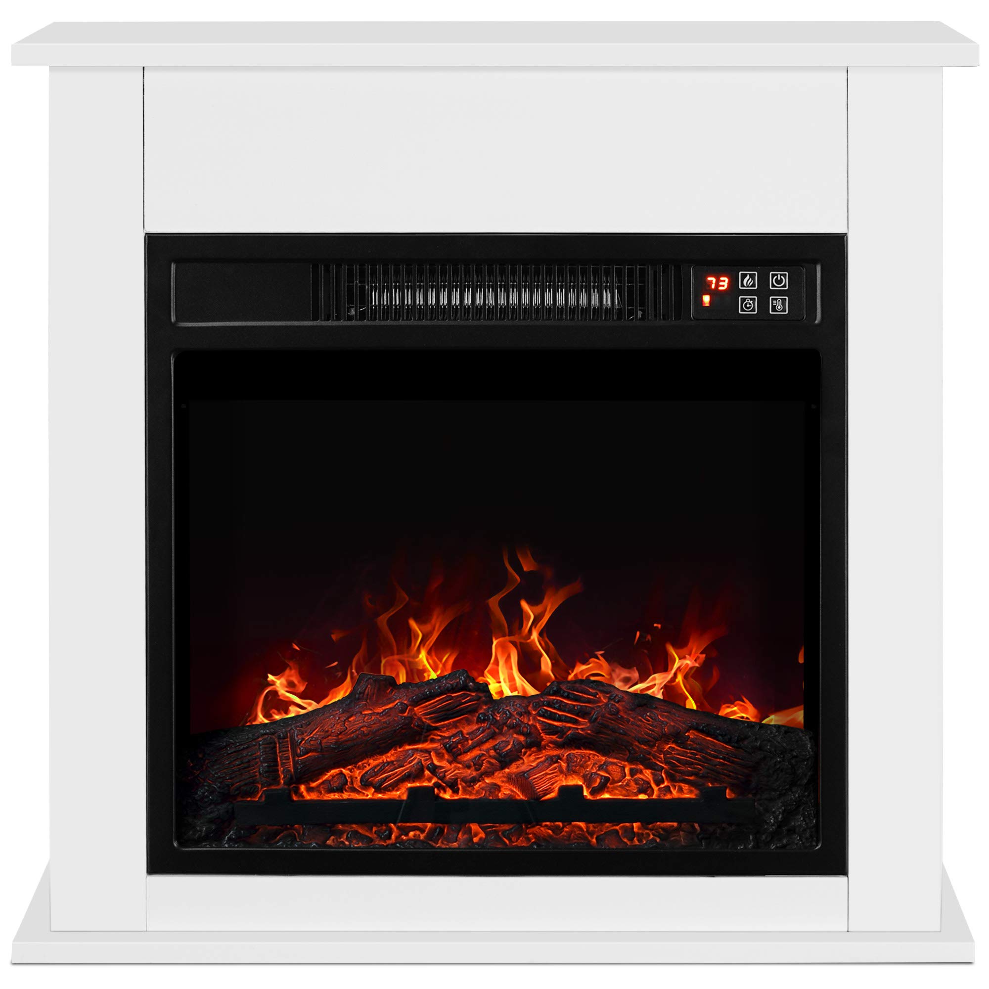 BELLEZE 25 Inch 1400W Freestanding Electric Fireplace Heater with Remote Control, Realistic LED Flames, Portable Indoor/Outdoor Fireplace for Living Room, Bedroom, Patio - White