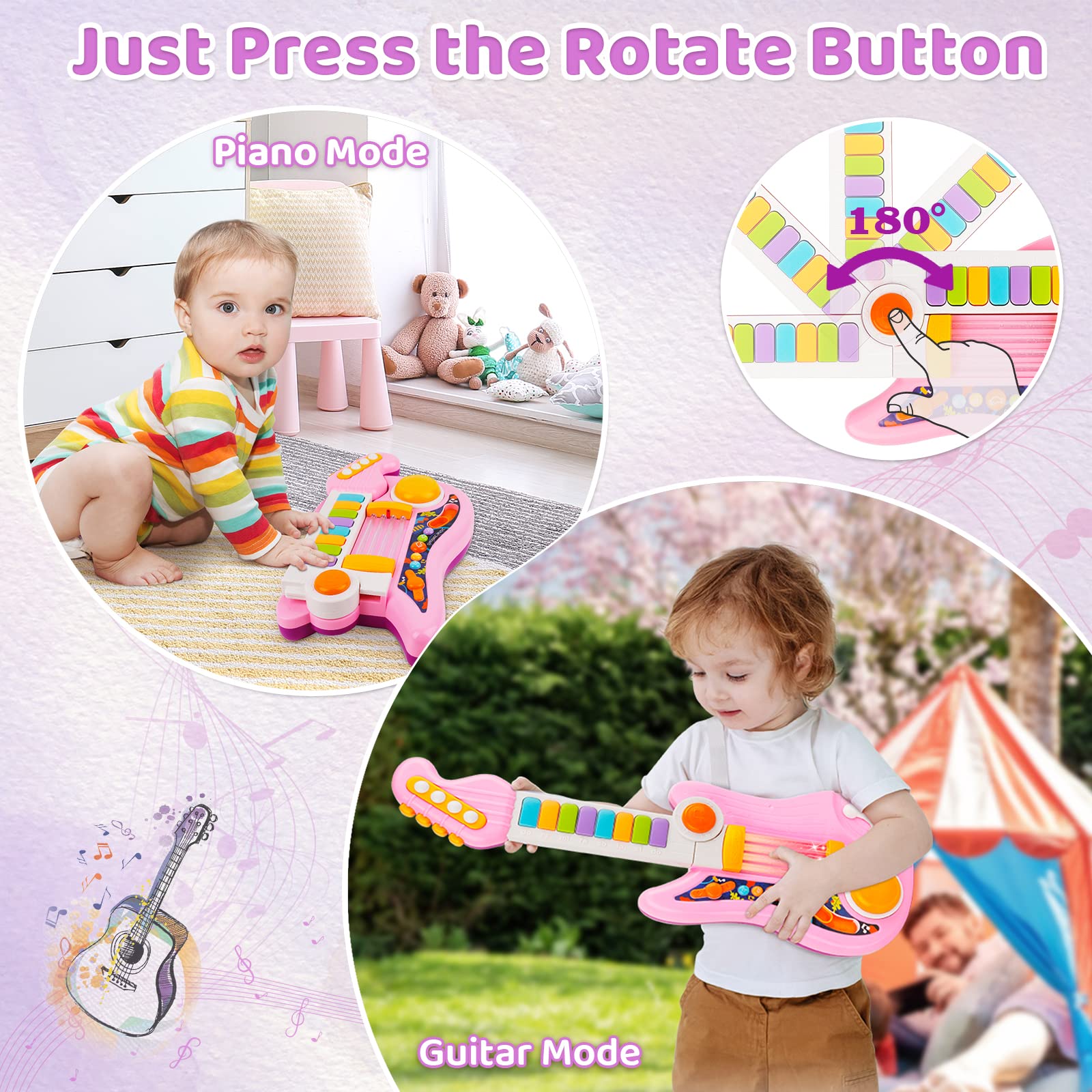 2-in-1 Kids Electric Guitar & Piano Toy with Adjustable Strap - Musical Instrument Gift for 3-5 Year Old Girls & Boys (Pink) | Perfect for Birthday Gifts, Early Music Education & Pretend Play