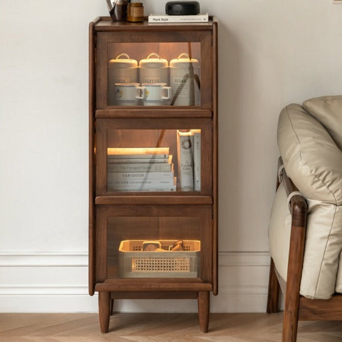 Solid Black Walnut & Oak Wood Glass Flip Door Display Cabinet with LED Lights - Perfect for Living Room, Bedroom & Office Storage & Display