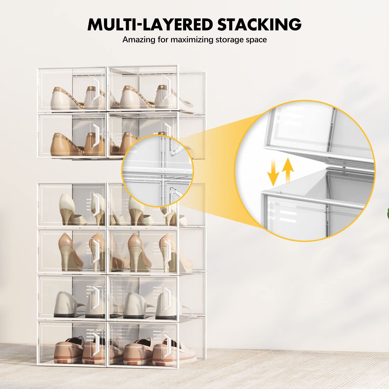 SEE SPRING Large 12 Pack Clear Plastic Shoe Storage Boxes - Stackable & Foldable Shoe Organizer for Closet, Sneaker Rack Containers Bin Holder (Black) - Perfect for Bedroom, Walk-in Closet & Dorm Organization