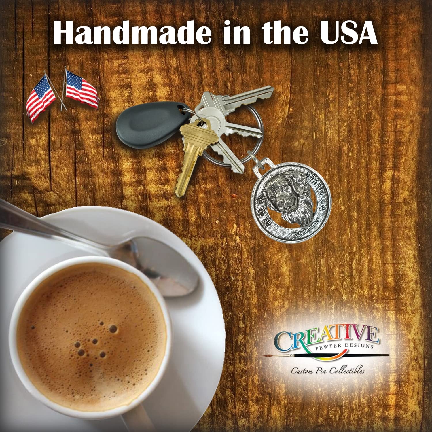 Golden Retriever Keychain - Handmade Pewter Dog Tag Key Ring, 1.5 Inch, USA Made Pet Gift for Dog Lovers | Perfect for Keys, Backpacks & Gifts