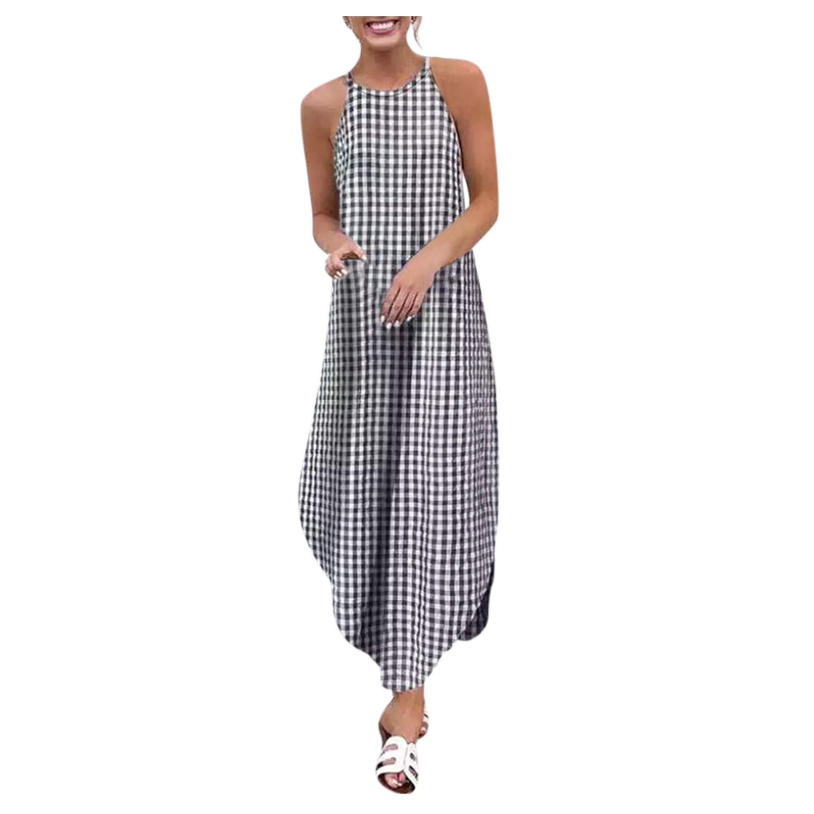 Women's Summer Casual Dresses - Round Neck Plaid Print Dovetail Sling Dress | Breathable & Stylish for Beach, Vacation, and Outdoor Activities
