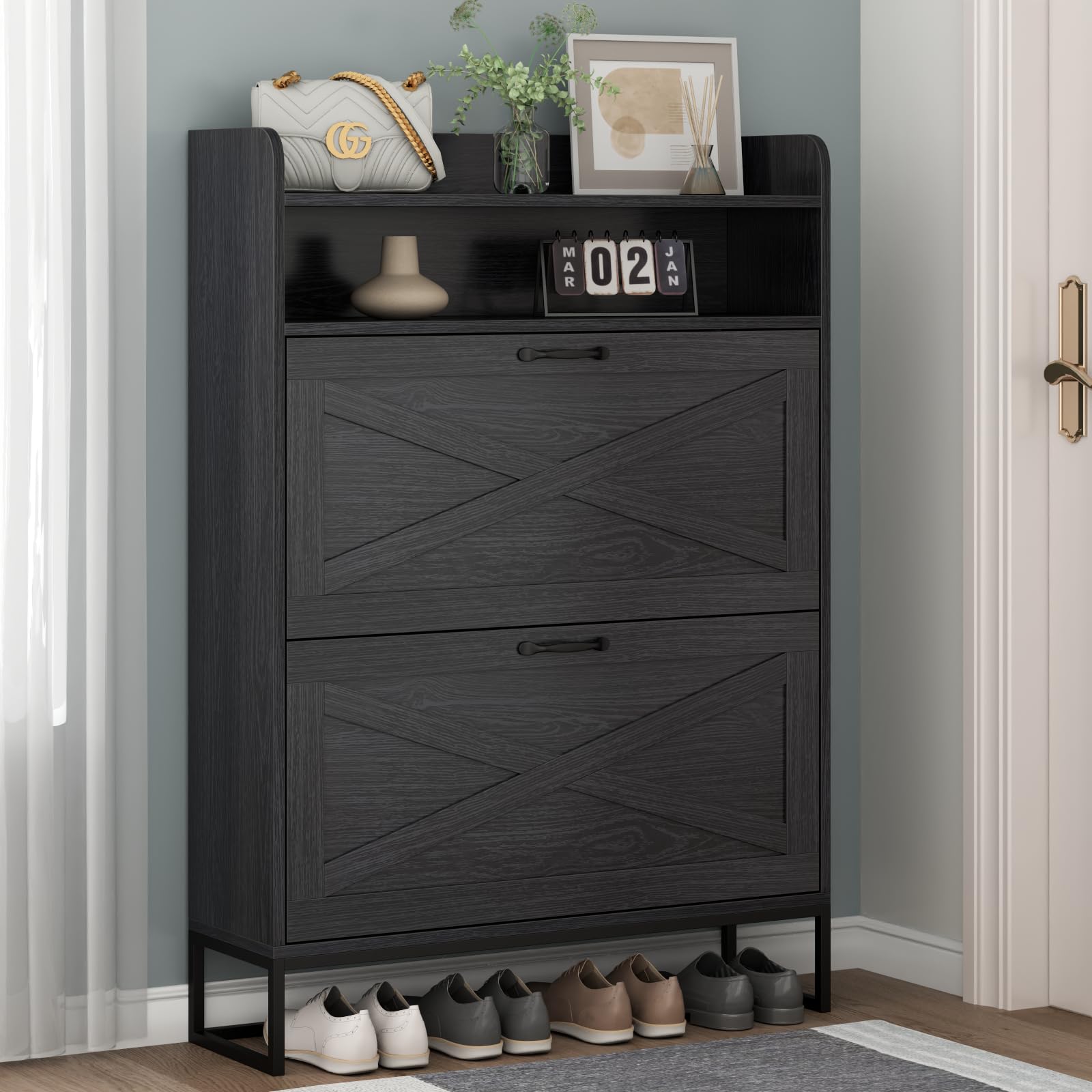 Freestanding Shoe Storage Cabinet with 2 Flip Drawers - Narrow Slim Entryway Shoe Organizer with Hidden Doors & Top Storage Cubby - Perfect for Small Spaces, Apartments & Closet Organization (Black)