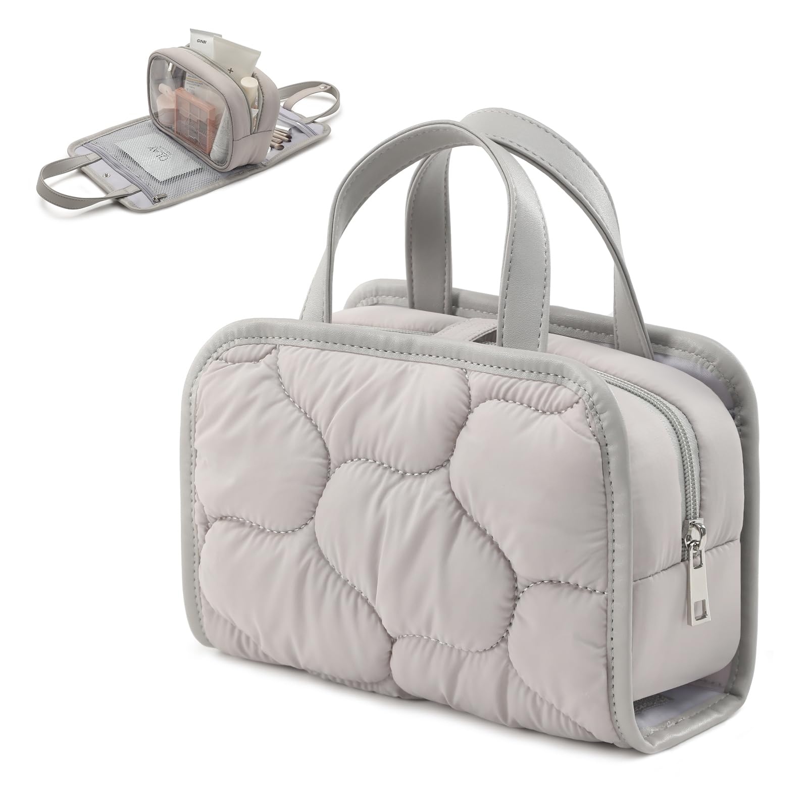 Women's Travel Makeup Bag with Removable Brush Compartment - Portable Puffy Cosmetic Organizer Case, Small Toiletry Bag with Clear Windows & Handle (Grey) - Perfect for Air Travel, Gym & Daily Essentials Storage