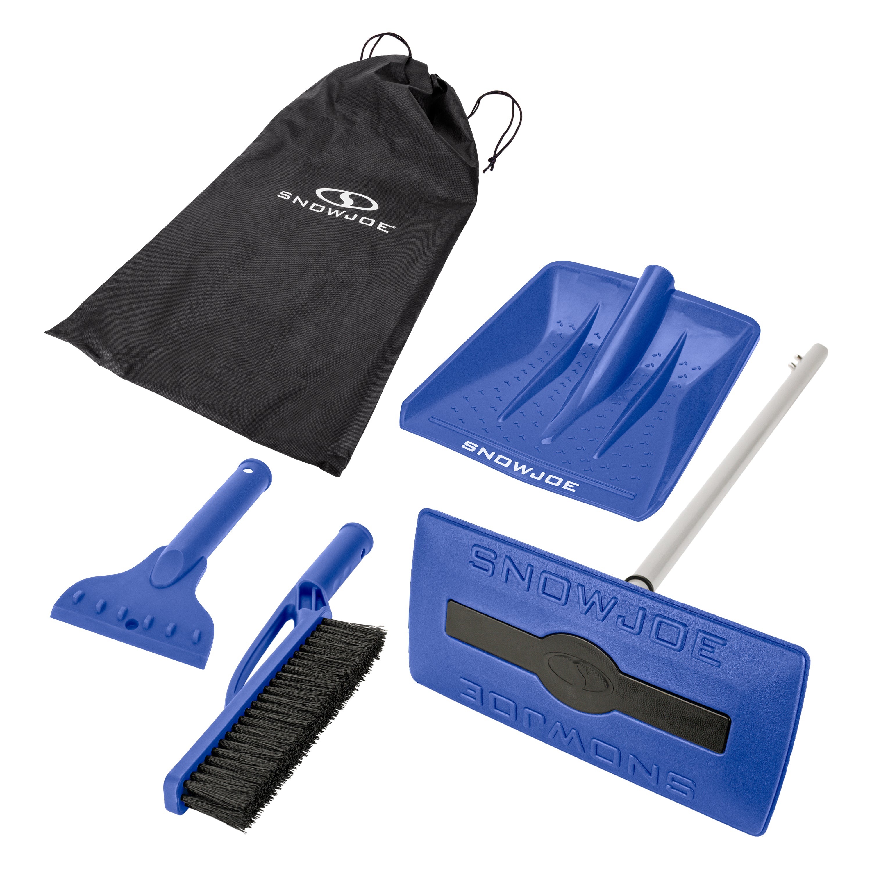 Snow Joe SJBLZD 4-in-1 Multi-Purpose Auto Snow Tool Kit with Storage Bag | Snow Broom, Ice Scraper, Brush & Shovel Combo (Blue) | Perfect for Winter Car Cleaning & Driveway Snow Removal