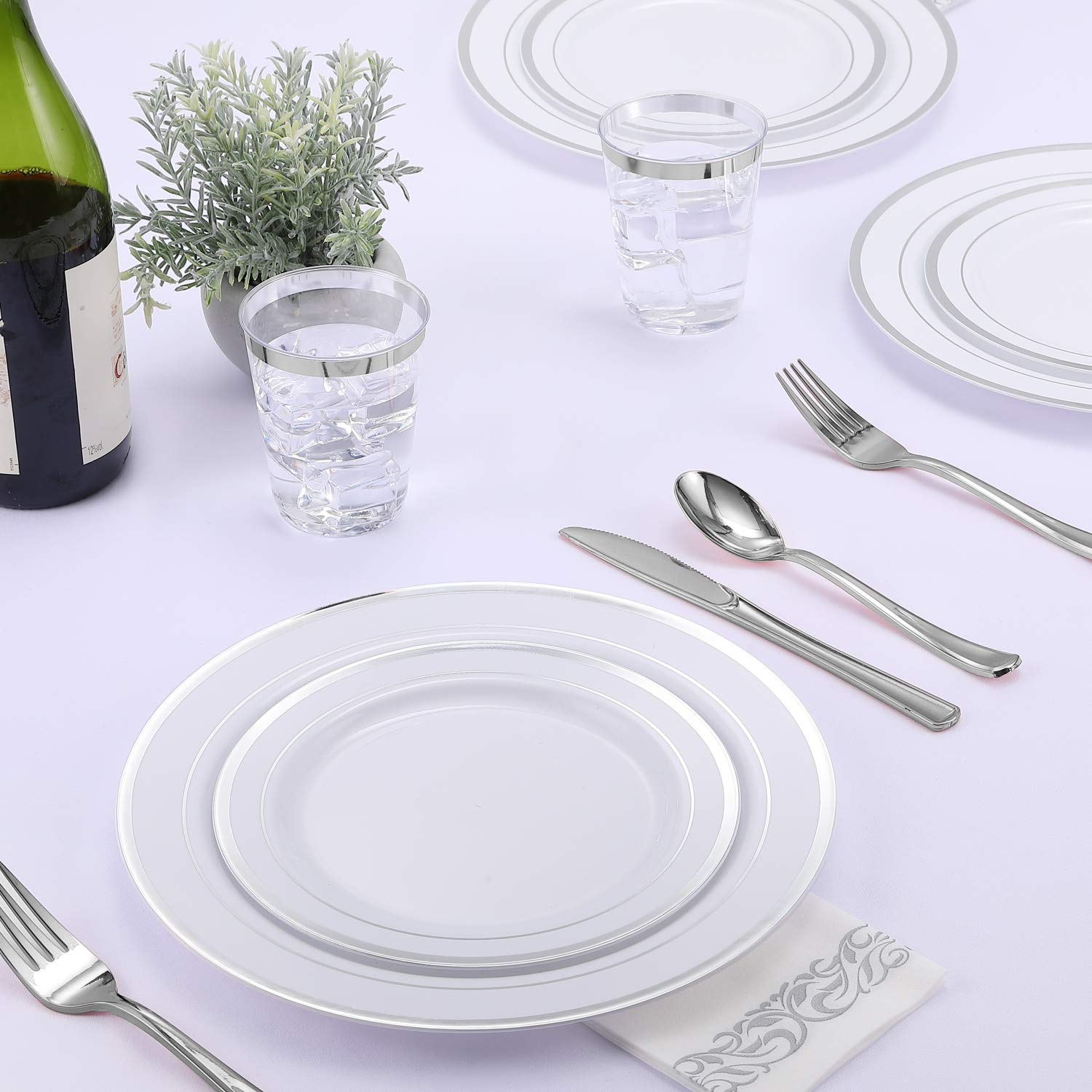 FOCUSLINE 175-Piece Silver Dinnerware Set for 25 Guests - Elegant Disposable White Plastic Plates with Silver Rim, Includes 25 Dinner Plates, Dessert Plates, Silverware Sets, Cups & Napkins - Perfect for Weddings, Parties, Catering & Special Events