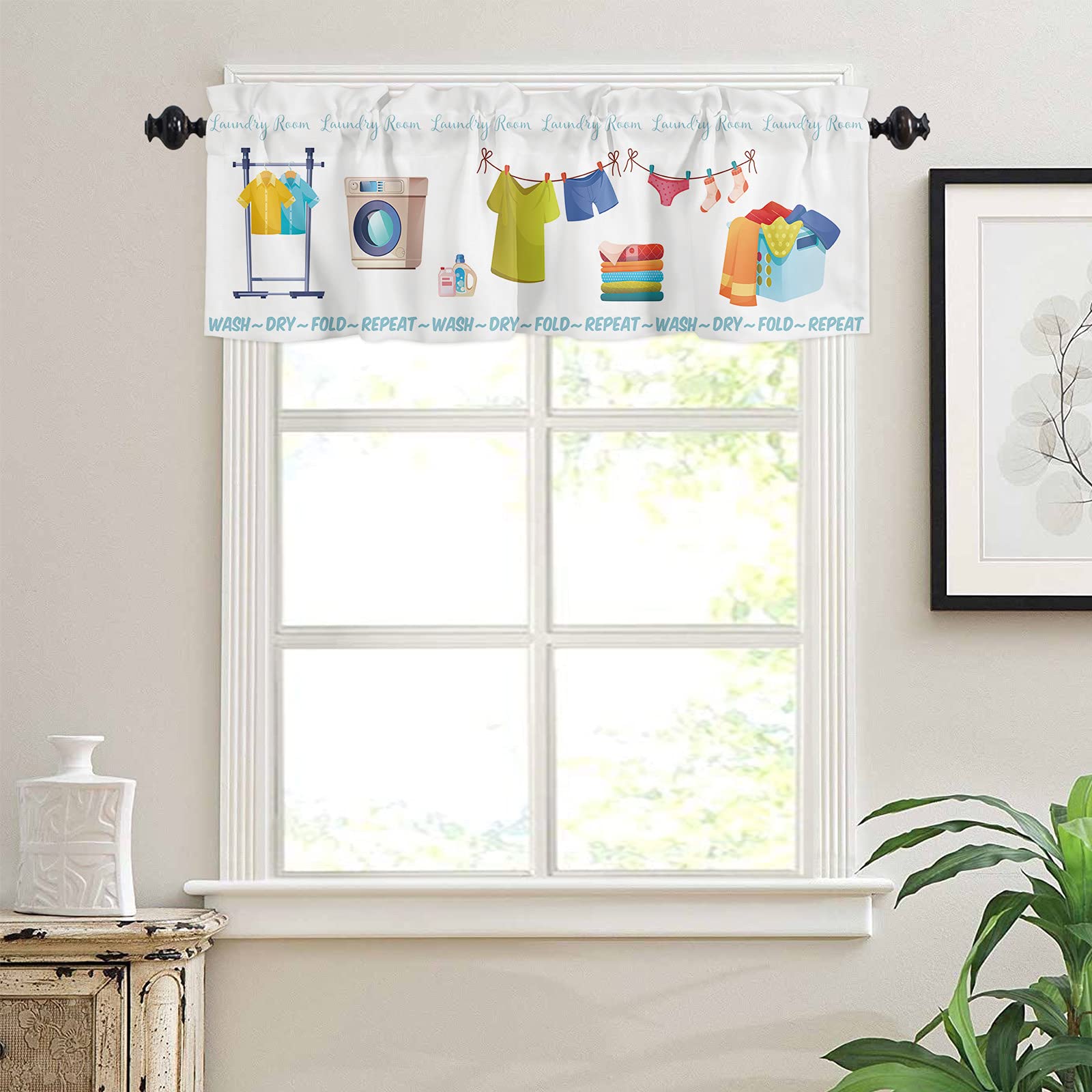 White Rod Pocket Window Valance Curtain Panel - Short Topper for Kitchen, Living Room, Bedroom & Bathroom | Drape Treatment & Cafe Curtains for Laundry Room & Dry Wash Areas | Perfect for Home Decor & Window Treatment