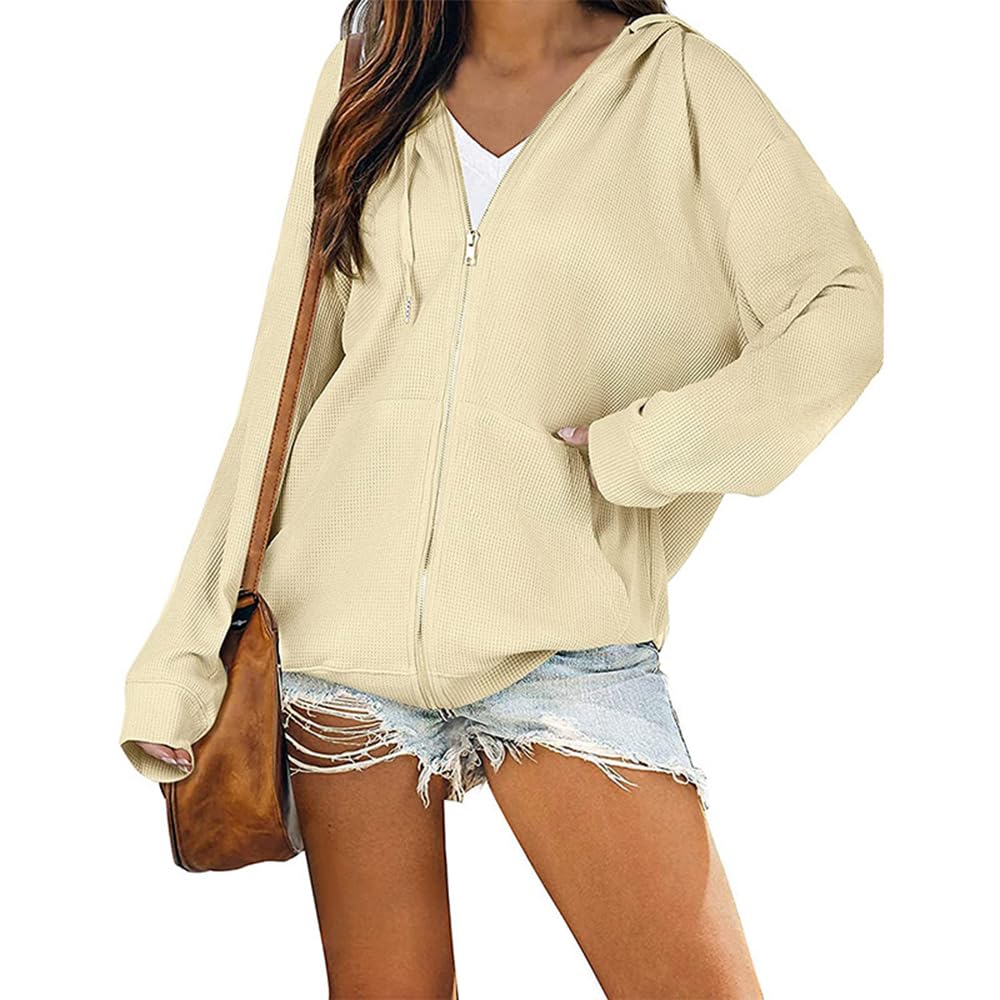 TBA Women's Waffle Knit Hooded Zip-Up Jacket - Loose Fit Long Sleeve Casual Sweatshirt with Drawstring & Pockets | Perfect for Outdoor Activities, Lounge Wear & Fall Layering
