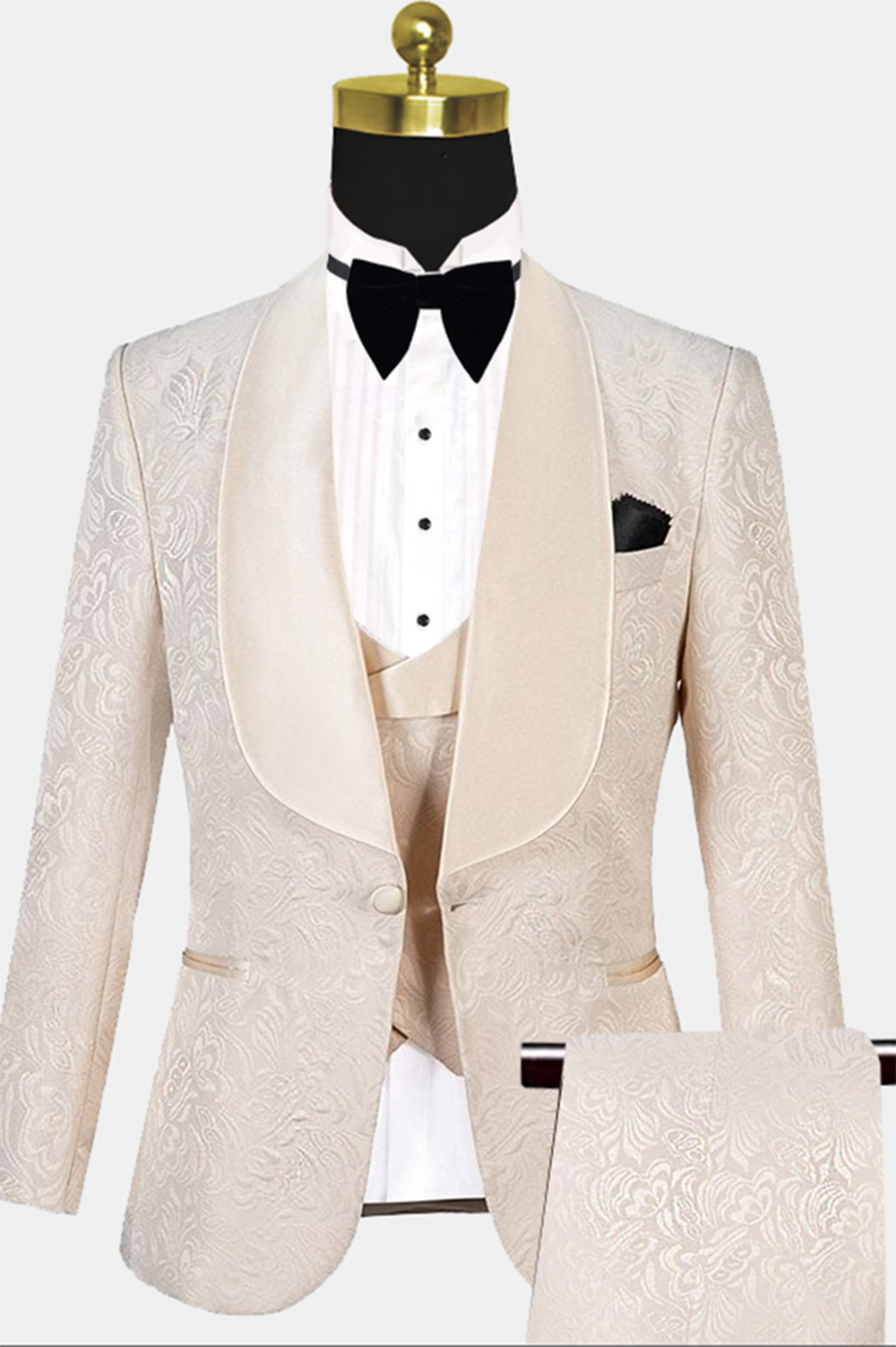 Beige Paisley Groom Tuxedo Suit for Men - 3 Piece Wedding Outfit (Jacket, Pants & Vest) | Perfect for Formal Weddings, Prom & Special Occasions