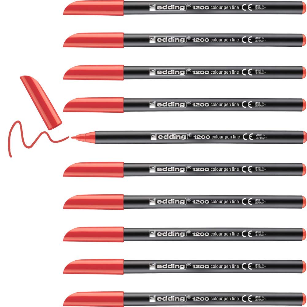 Edding 1200 Fine Tip Color Pens - 10 Pack Red Round Tip 1mm Felt Pens for Drawing, Writing & Mandala Art - Perfect for School, Office & Creative Projects