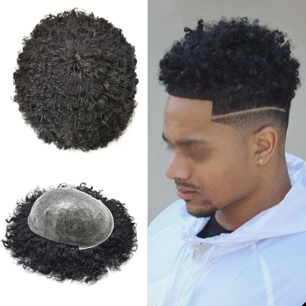 10MM WAVE 1B# OFF BLACK Afro Toupee for Black Men | Brazilian Human Hair Replacement System | Kinky Curly Hair Units | Male Hair Prosthesis | Perfect for Daily Wear, Special Occasions & Hair Loss Solutions