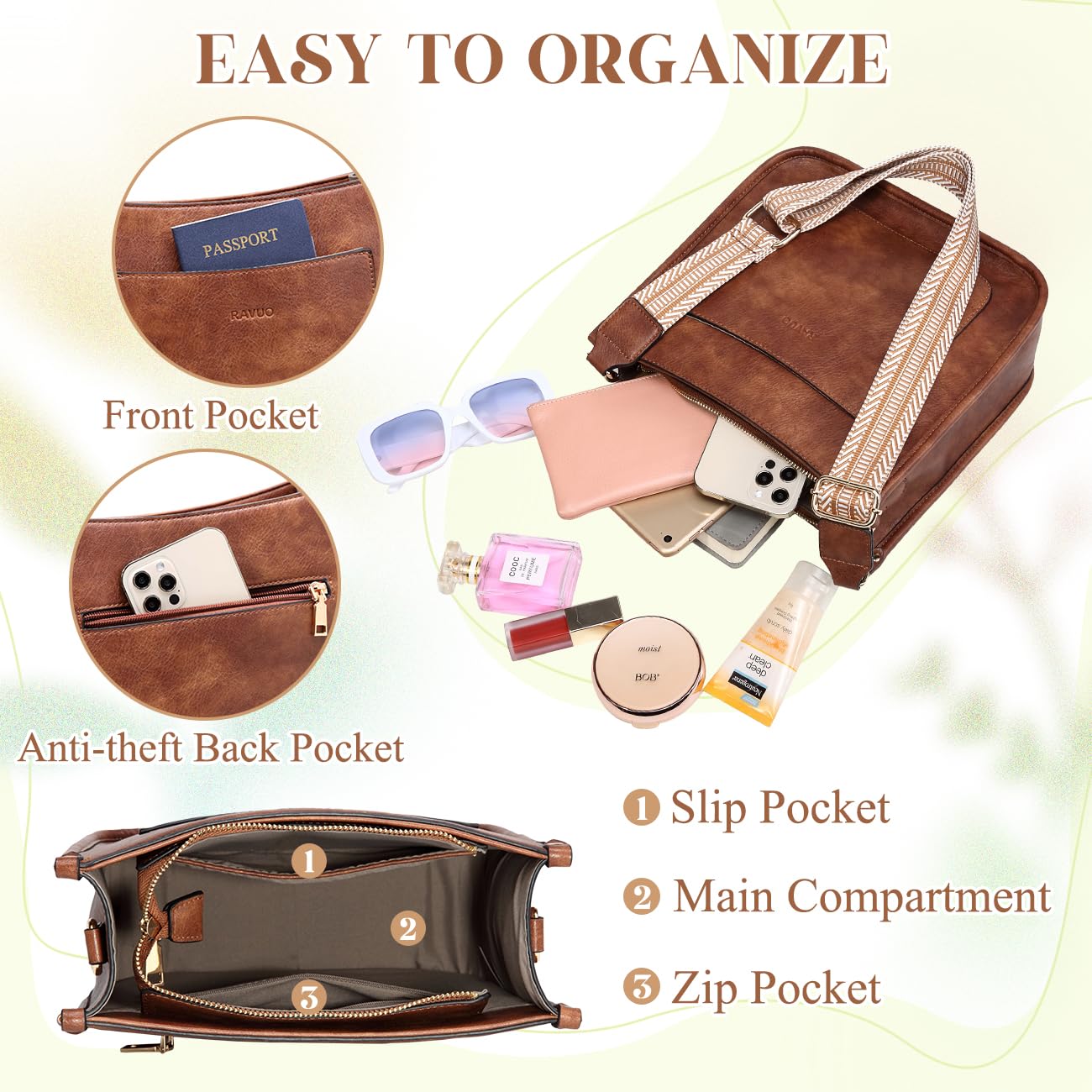RAVUO Vegan Leather Crossbody Bag for Women - Adjustable Straps, Stylish & Lightweight for Daily Use