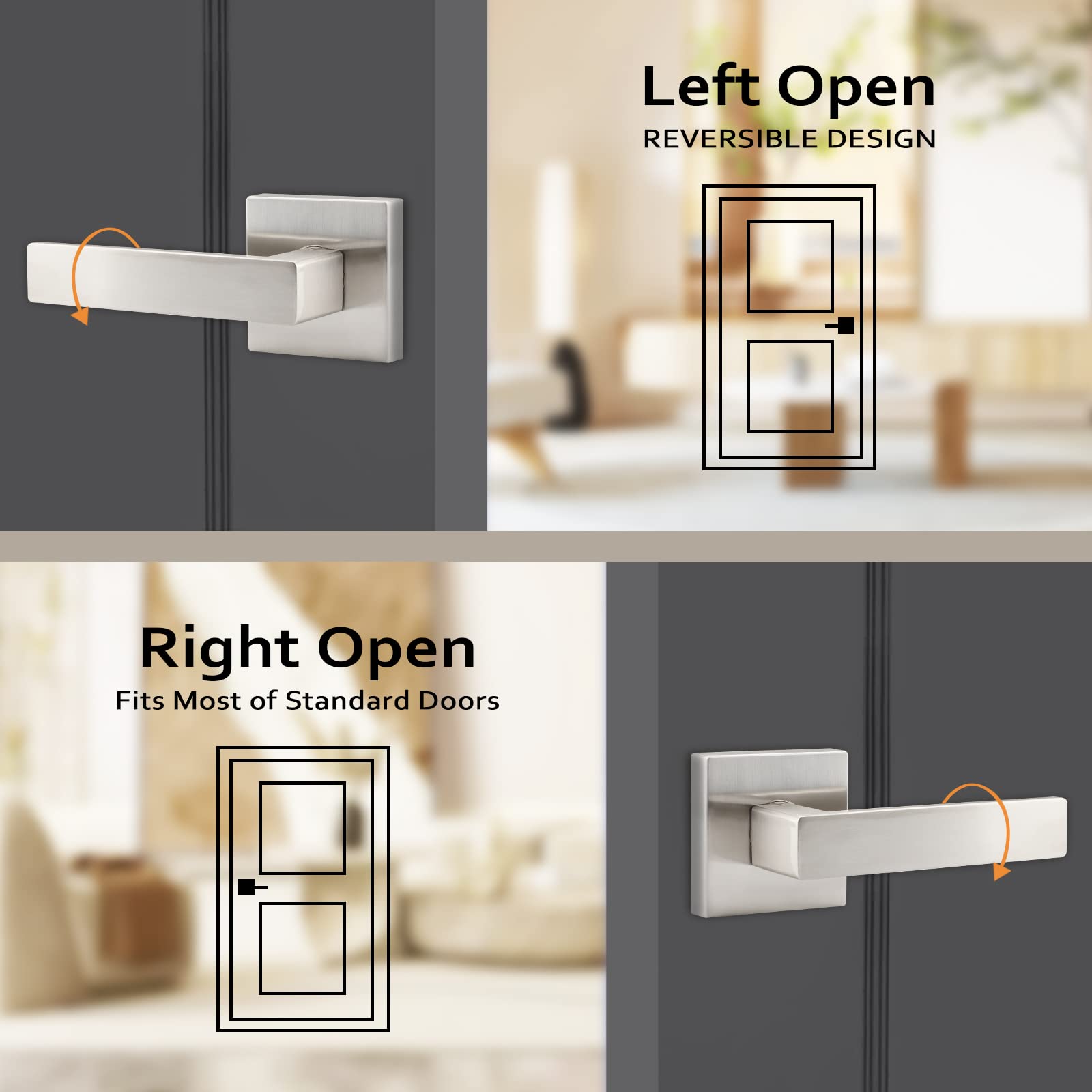 10 Pack Satin Nickel Interior Door Handles - Heavy Duty Passage Door Knobs for Hall, Closet & Bedroom - Left/Right Hand Compatible - Perfect for Home, Office & Commercial Spaces