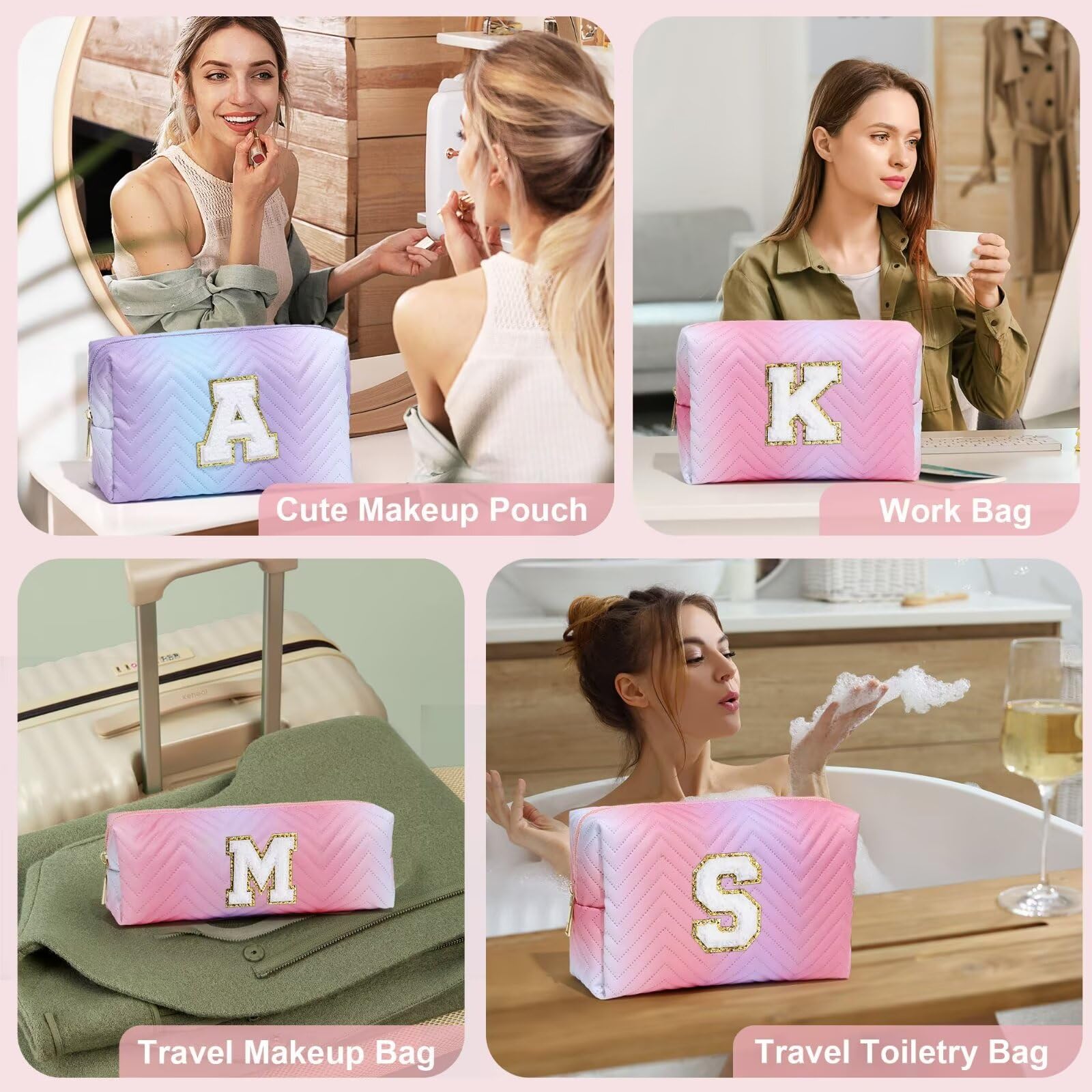 YOOLIFE Personalized Initial Pink Makeup Bag - Cute Cosmetic Pouch & Travel Toiletry Organizer for Women | Perfect Birthday Gift for Her, Mom, Wife, Girlfriend & Bridesmaid | Great for Travel, Daily Makeup Storage & Gift Giving Occasions