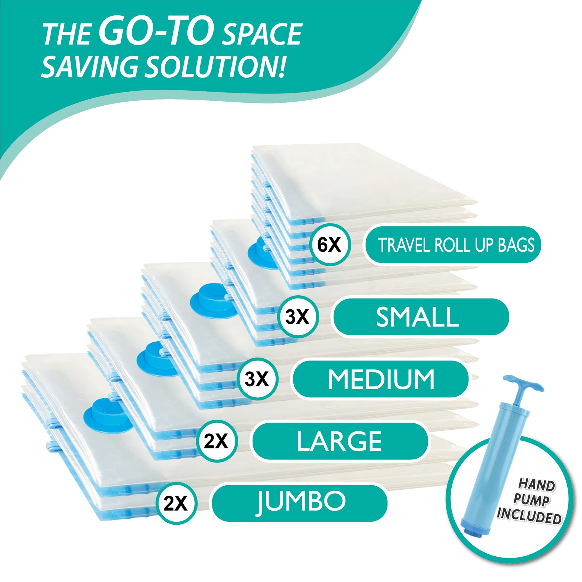 16 Pack Vacuum Storage Bags - Space Saver Compression Bags (2 Jumbo/2 Large/3 Medium/3 Small/6 Roll) for Clothes, Comforters & Blankets | Includes Hand Pump | Perfect for Seasonal Storage, Travel & Home Organization