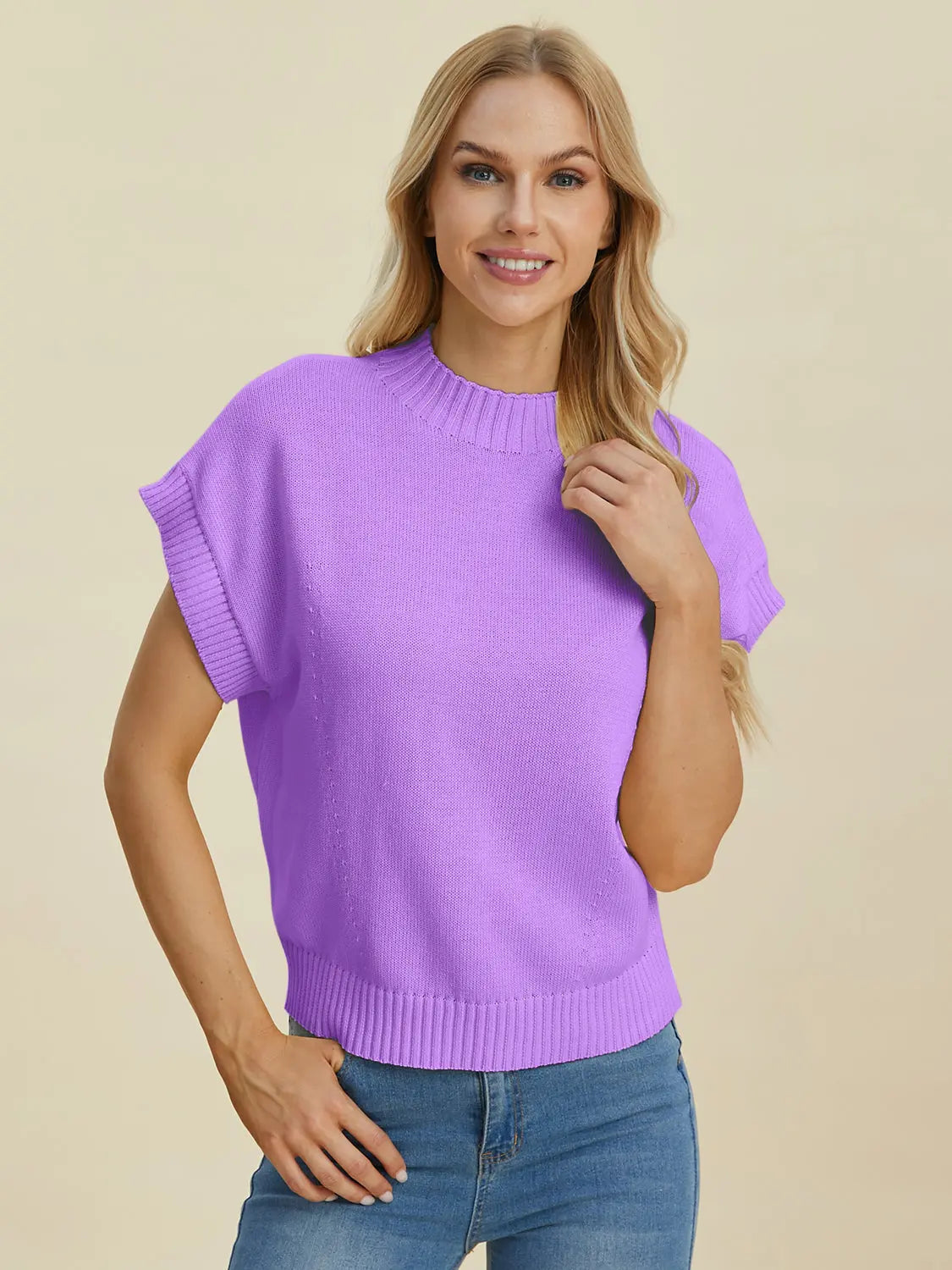 Double Take Full Size Mock Neck Short Sleeve Sweater for Women - Soft Knit Pullover Top for Casual Wear & Office Outfits | Perfect for Fall & Winter Layering