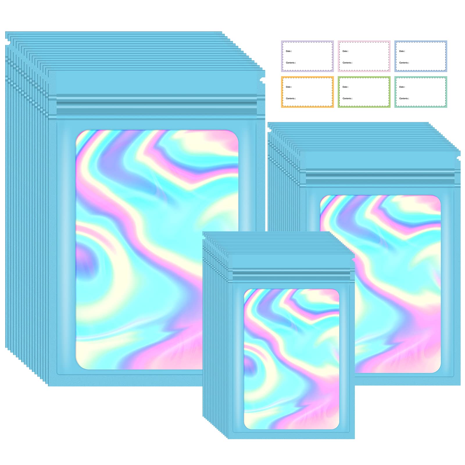 300 Pack 3 Sizes Resealable Mylar Bags - Smell Proof Food Storage Bags with Holographic Front Window - Ideal for Snacks, Cookies, Jewelry & Sample Packaging (Blue) - Perfect for Home, Travel & Retail Display