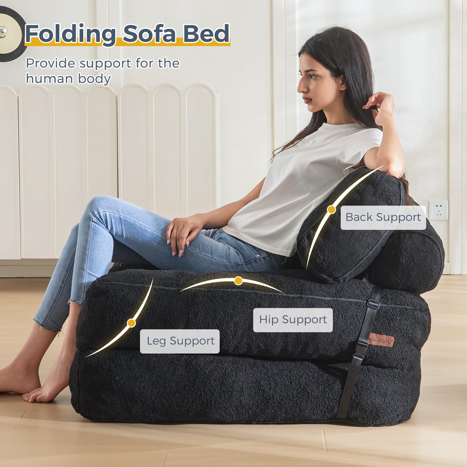 MAXYOYO Fuzzy Folding Sofa Bed - Convertible Sleeper Chair with Pillow & Foldable Mattress, Back Support for Living Room, Guest Room & Small Spaces (Black)