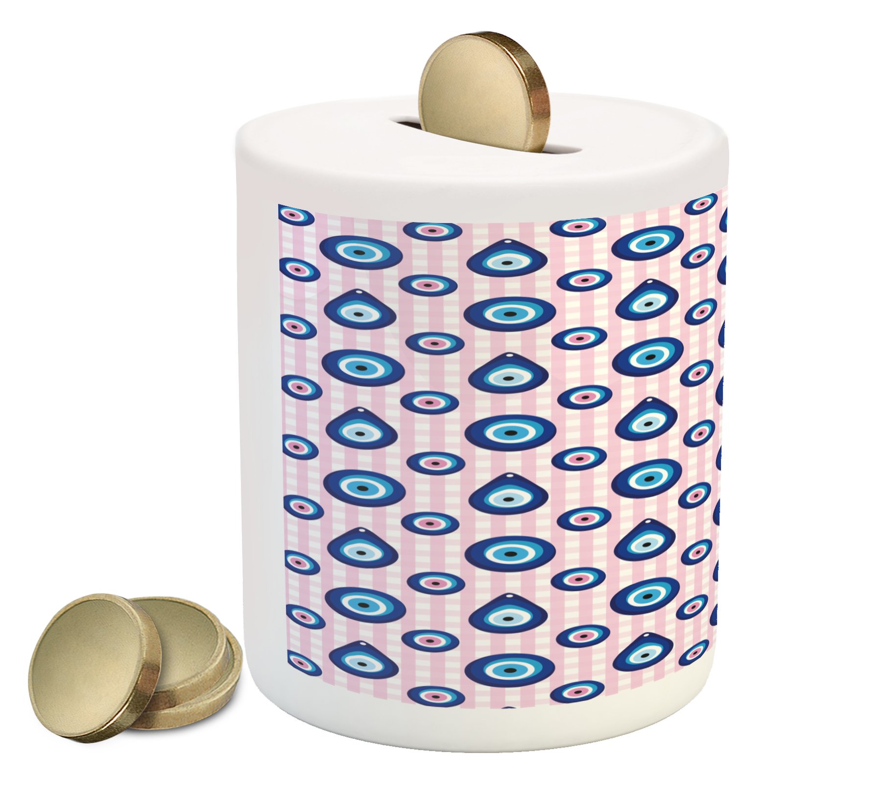 Ambesonne Evil Eye Piggy Bank - Turkish Bead Protection Ceramic Money Box with Checkered Design in Pale Pink, Blue & White | Cash Savings Coin Bank for Home, Office & Gift Giving