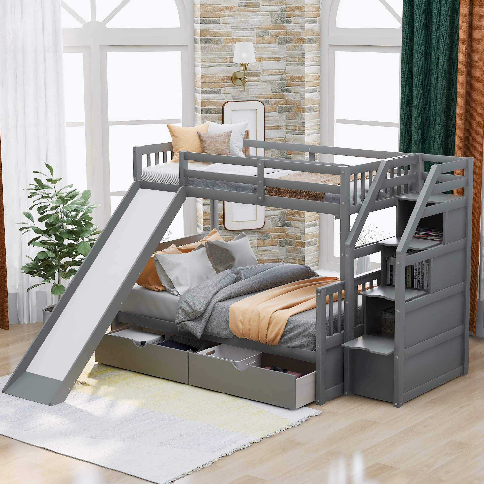 Twin Over Full Bunk Bed with Slide & Storage - Kids Wood Bunk Bed for Boys & Girls - Perfect for Small Bedrooms & Shared Spaces