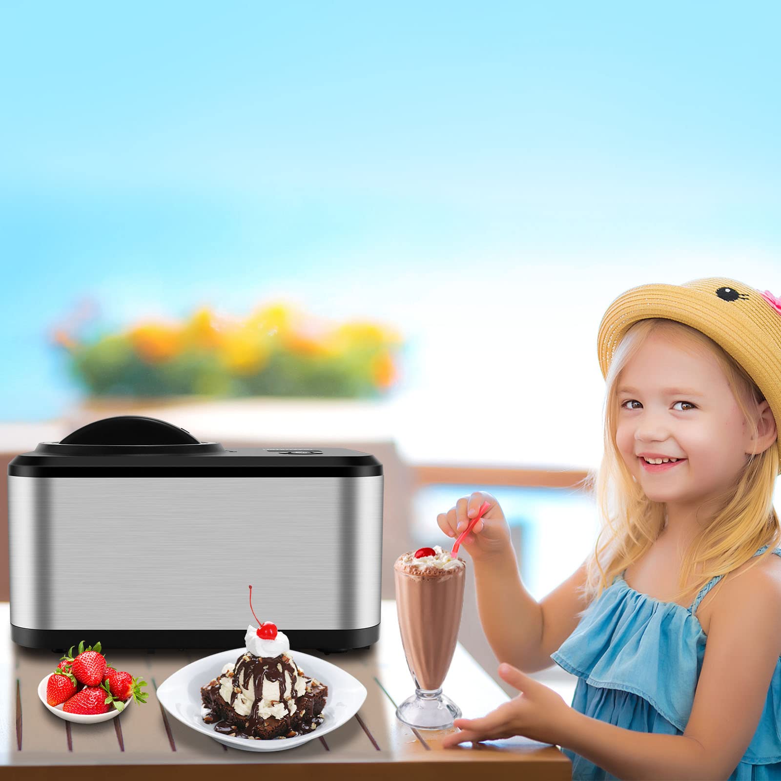 KUMIO 1.6-Quart Automatic Ice Cream Maker with Compressor - No Pre-Freezing Needed, 4 Modes for Homemade Gelato, Frozen Yogurt & Sorbet - LCD Display & Timer - Stainless Steel Ice Cream Machine for Parties, Family Gatherings & Dessert Lovers