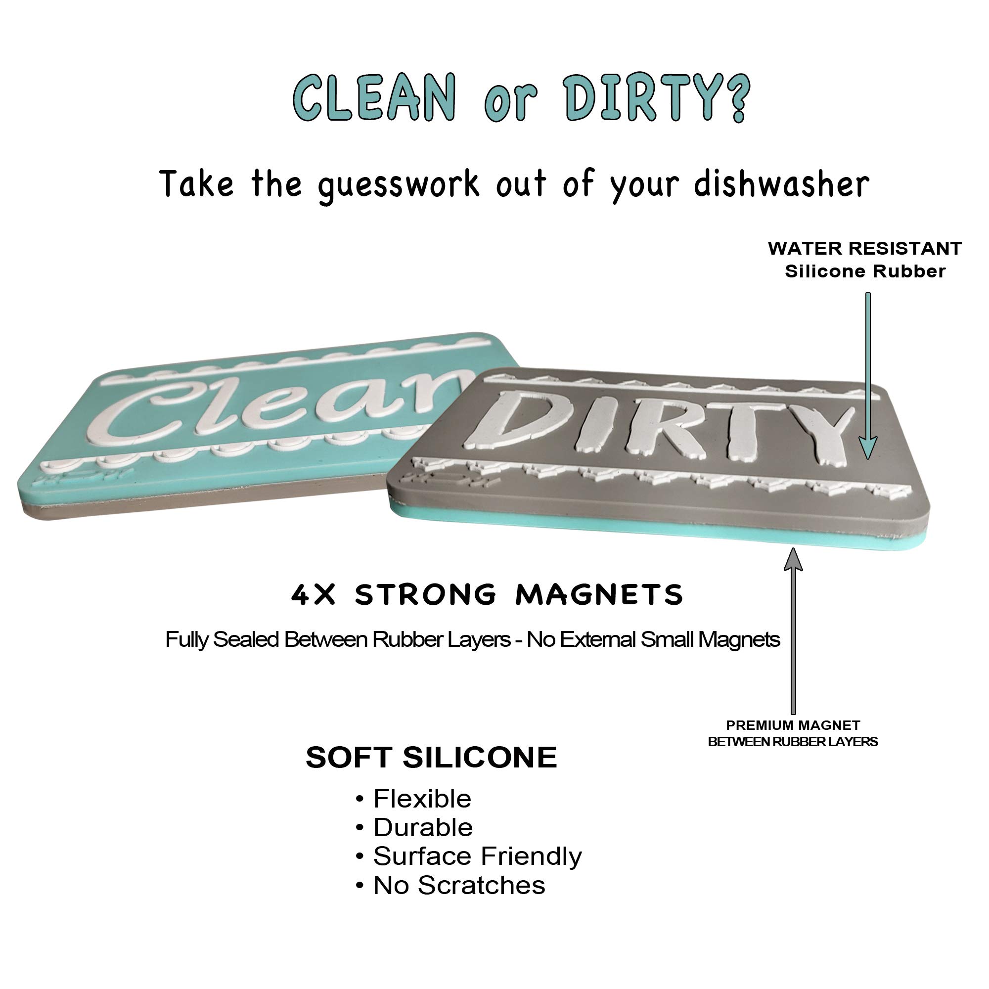 Double Sided Aquamarine Silver Dishwasher Magnet Sign - Strong Universal Non-Scratch Indicator for Clean/Dirty Dishes - Kitchen Safe, Waterproof & Reversible - Perfect for Home, Office, and Restaurant Use