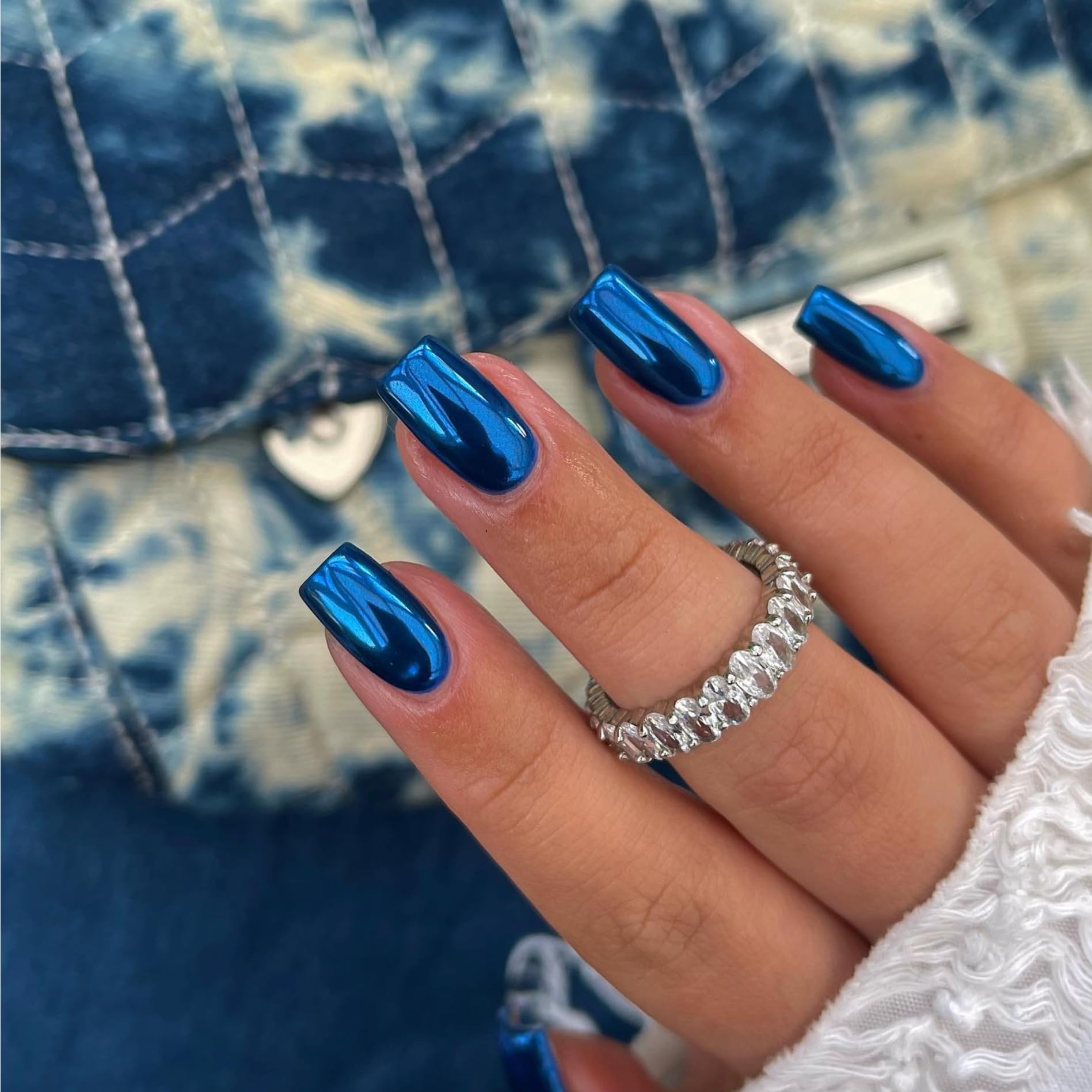 Royal Blue Chrome Press On Nails - Short Medium Square Metallic Fake Nails with Glitter | 24PCS Mirror Acrylic False Nails for Women | Perfect for Parties, Weddings & Everyday Glam